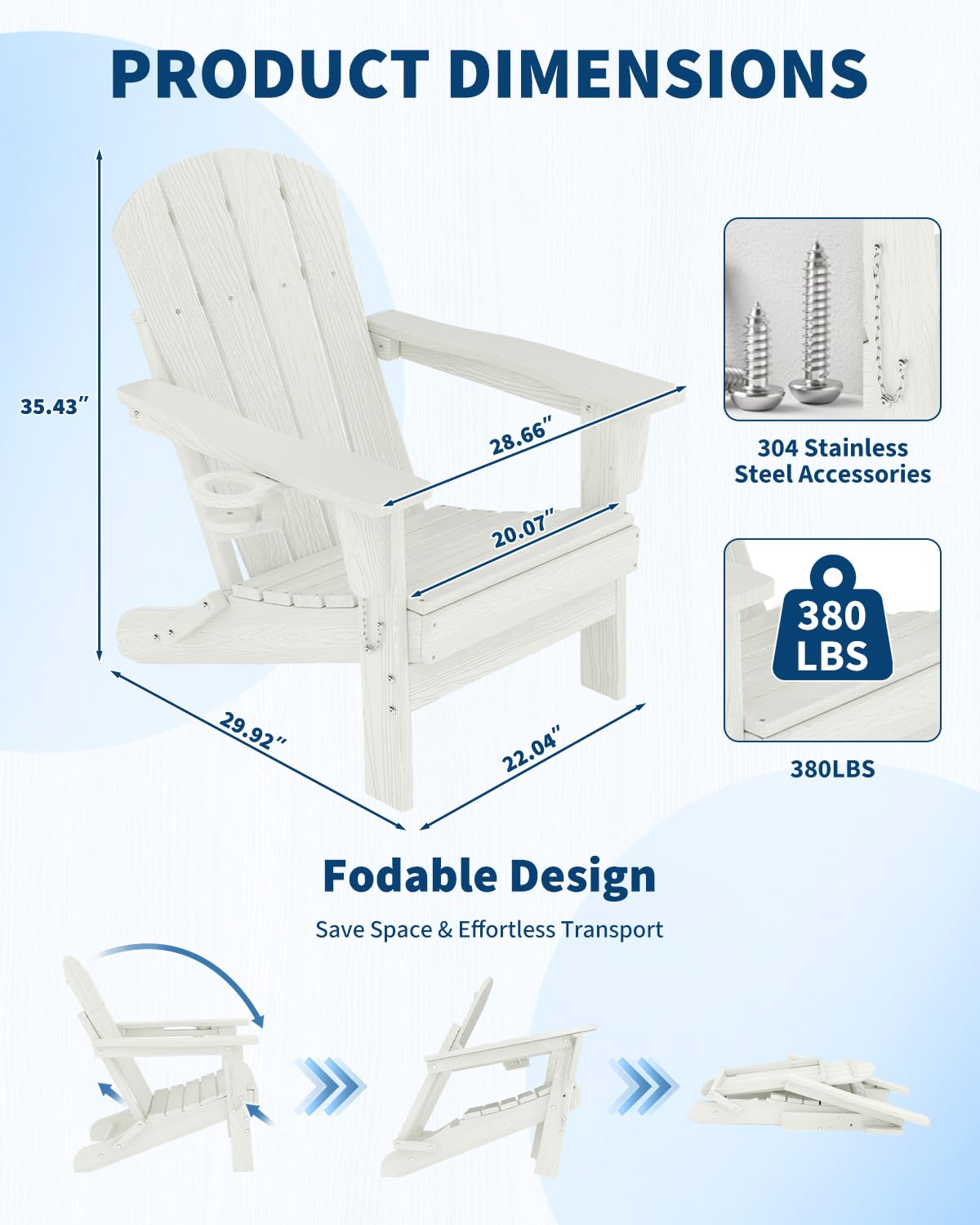 GarveeLife Folding Adirondack Chair Set of 4 with 2 Side Table, All-Weather HDPE Outdoor Chair, Wooden Textured with Cup Holder for patios, Decks, Gardens, fire pits, White