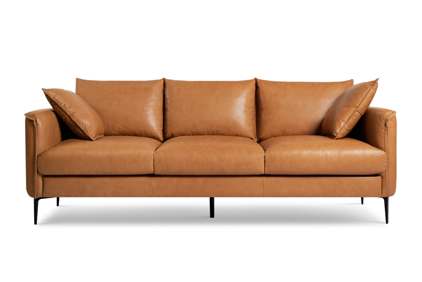 Valencia Jasper 85" Cognac Tan Brown 3 Seater Full Leather Couch | Mid Century Sofa with 2 Pillows for Living Room Furniture | Plush Cushions, Nappa Leather Lounge Couch