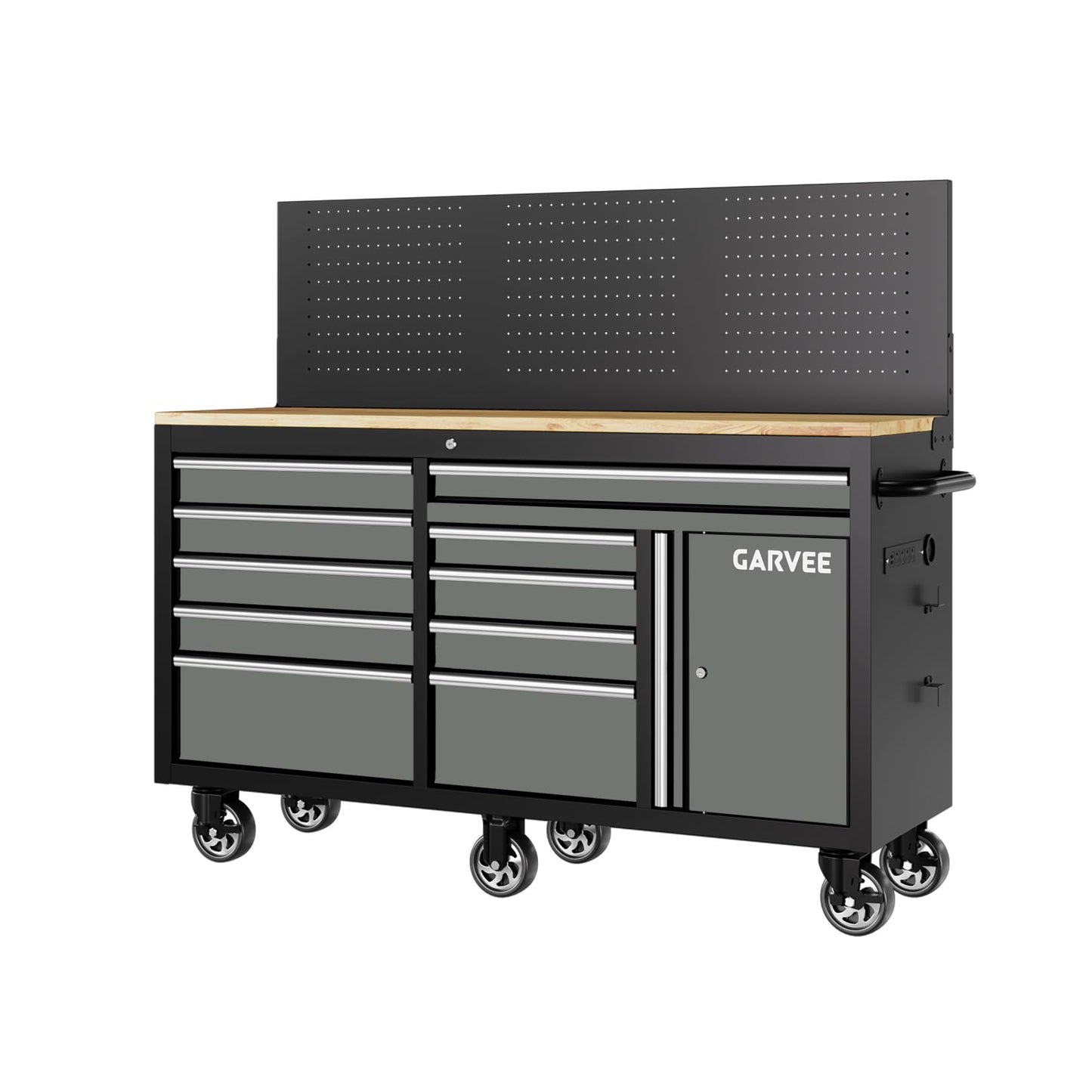 60 Inch Rolling Tool Chest Workbench, 10 Drawer Tool Box with Pegboard & Lock, Mobile Garage Tool Cabinet with Charging Station, Heavy Duty Workbench for Workshop, Gray