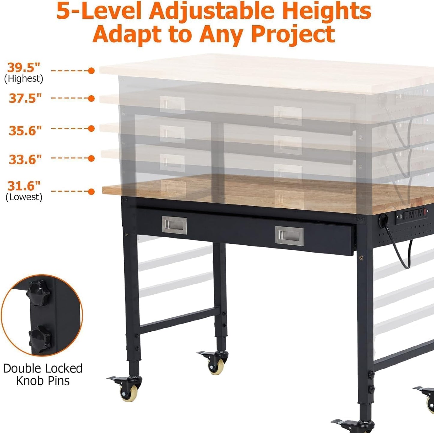 Workbench, Heavy Duty Adjustable Height Worktable with Rubber Wood Top, 2000 LBS Load Capacity, Tool Storage Station with Drawer, Pegboard, Power Outlets and Lockable Wheels, for Warehouse