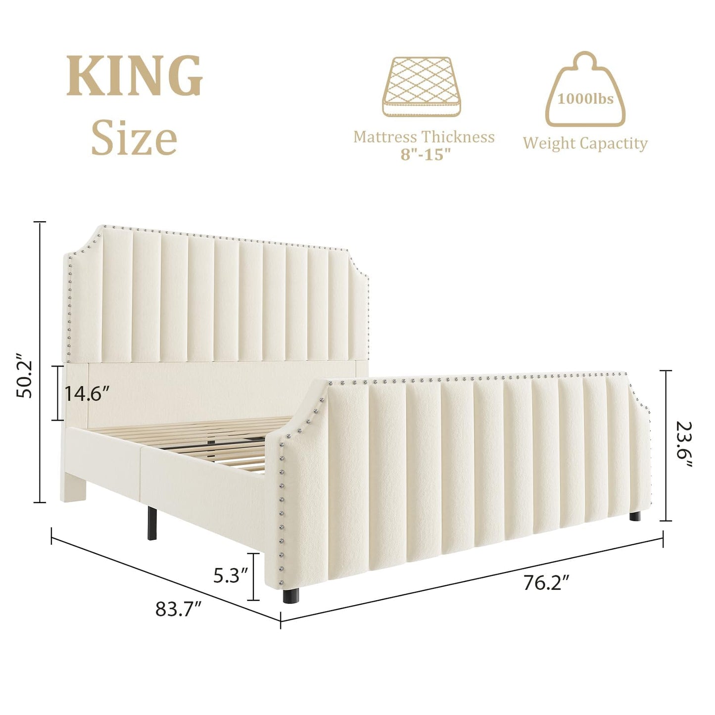 King Size Velvet Bed Frame, Vertical Channel Tufted 50.2" Tall Headboard and Footboard with Nailhead Trim, Upholstered Platform Bed, Strong Wooden Slats, No Box Spring Needed, Easy Assembly, Beige