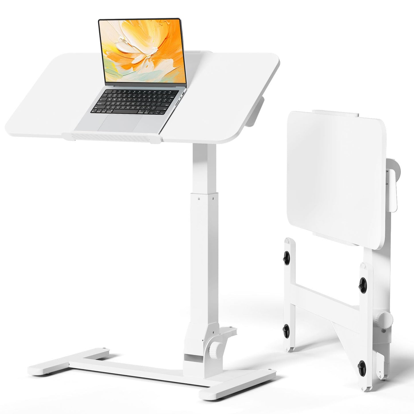 JOY worker Foldable Overbed Bedside Table, 180° Tiltable Mobile Standing Desk with Wheels, 31.5" Pneumatic Height Adjustable Rolling Laptop Desk for Home & Hospital Use, Easy Storage, White