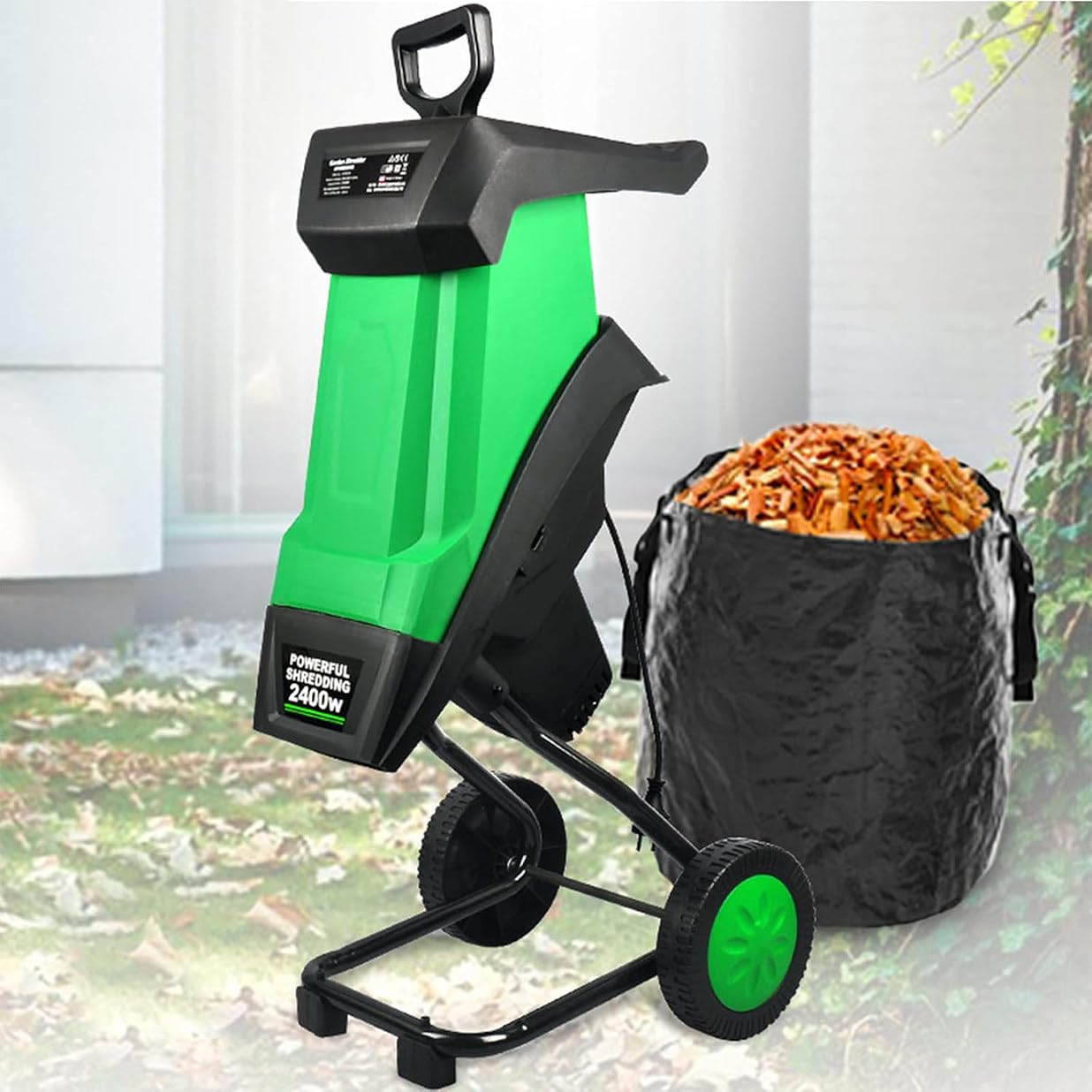 Nuxyyds 2400W Electric Garden Shredder, Wood Chipper Garden Mulcher for Leaves and Branches with 50L Collection Bag & Wheels, Max Diameter 40mm, for Yard Cleanup, Composting Green