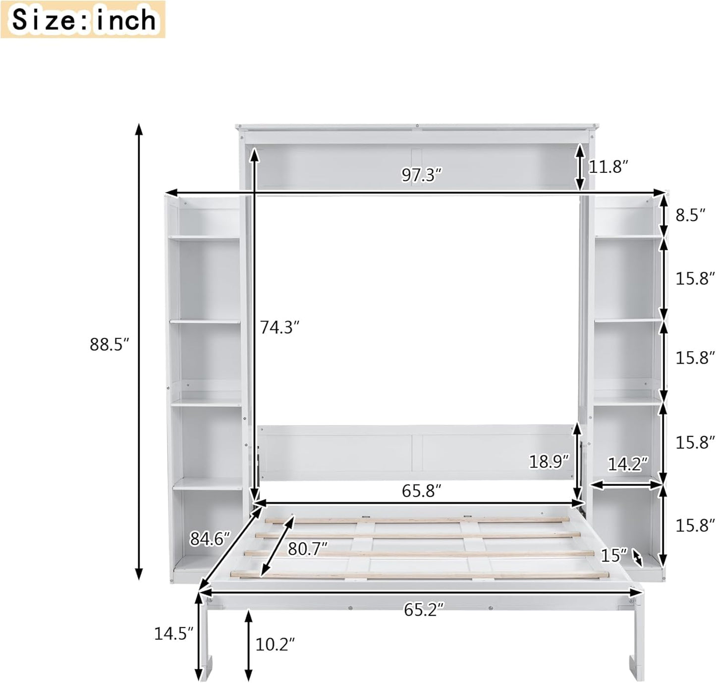 MERITLINE Queen Murphy Bed with Storage Shelves and LED Lights, Wood White Murphy Wall Bed Cabinet with Bookcase Bookshelf for Adults