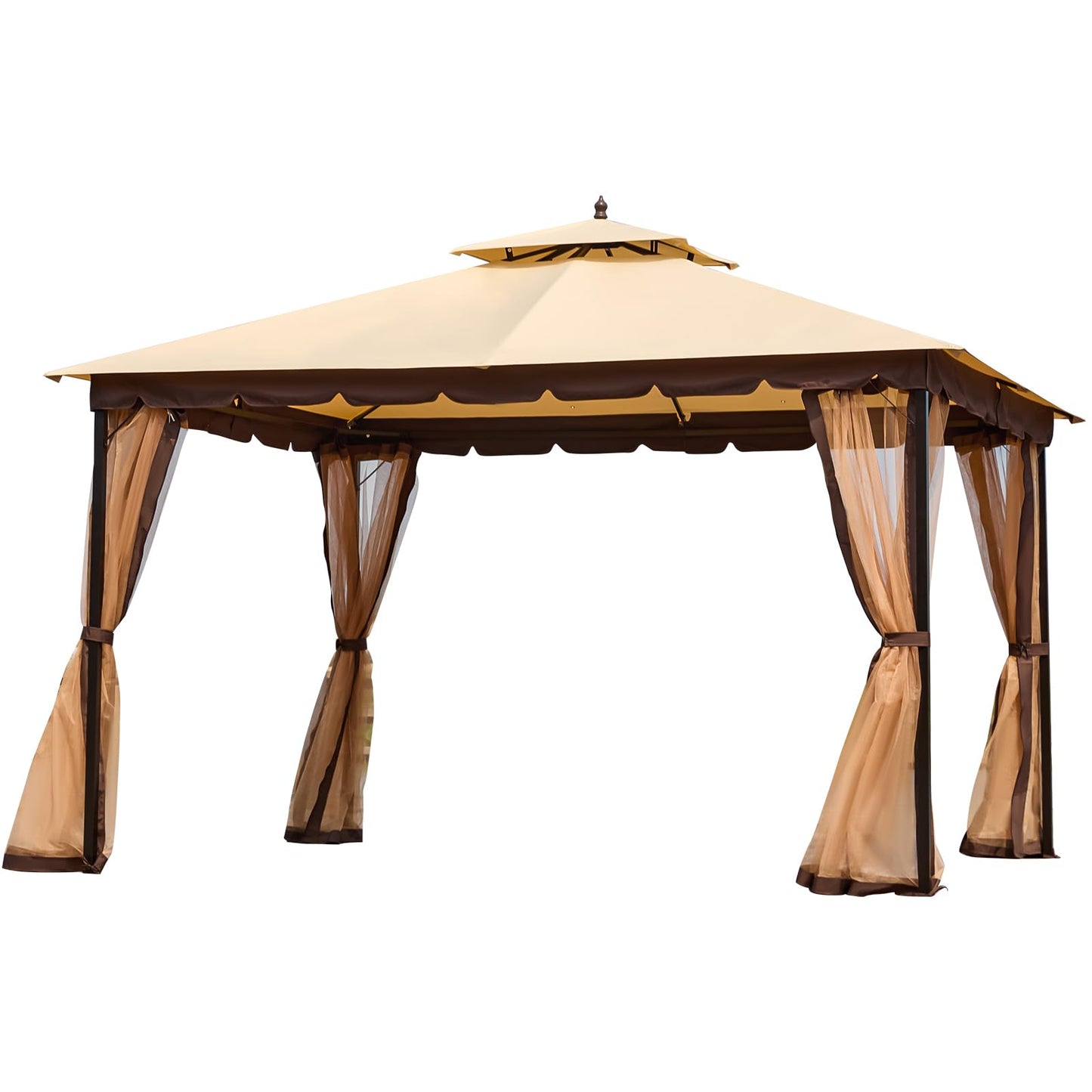 Bezseller 10x12 Outdoor Patio Gazebo with Powder-Coated Metal Frame, Stable Double-Tier Canopy with Zip Mesh Sidewalls for Backyard Dining & Entertaining, Khaki