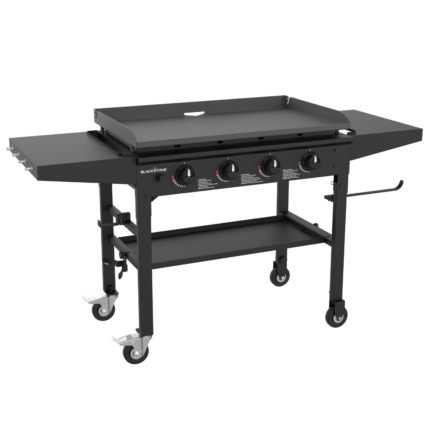 Blackstone 36 Inch 4 Burner 60,000 BTU Portable Steel Griddle Cooking Station with Foldable Legs, Grease Pan, and Storage Rack, Black