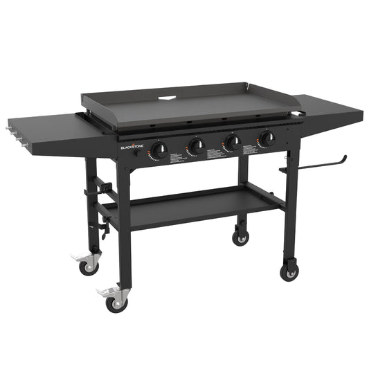 Blackstone 36 Inch 4 Burner 60,000 BTU Portable Steel Griddle Cooking Station with Foldable Legs, Grease Pan, and Storage Rack, Black