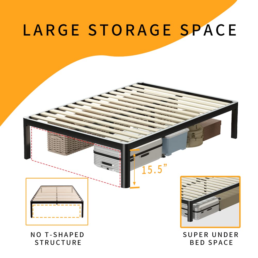 MAF Metal 18 Inch Queen Platform Bed Frame with Anti-Collision Round Legs, Black 3500 Lbs Heavy Duty Bed Frame with Wood Slats, No Box Spring Needed, Easy Assembly