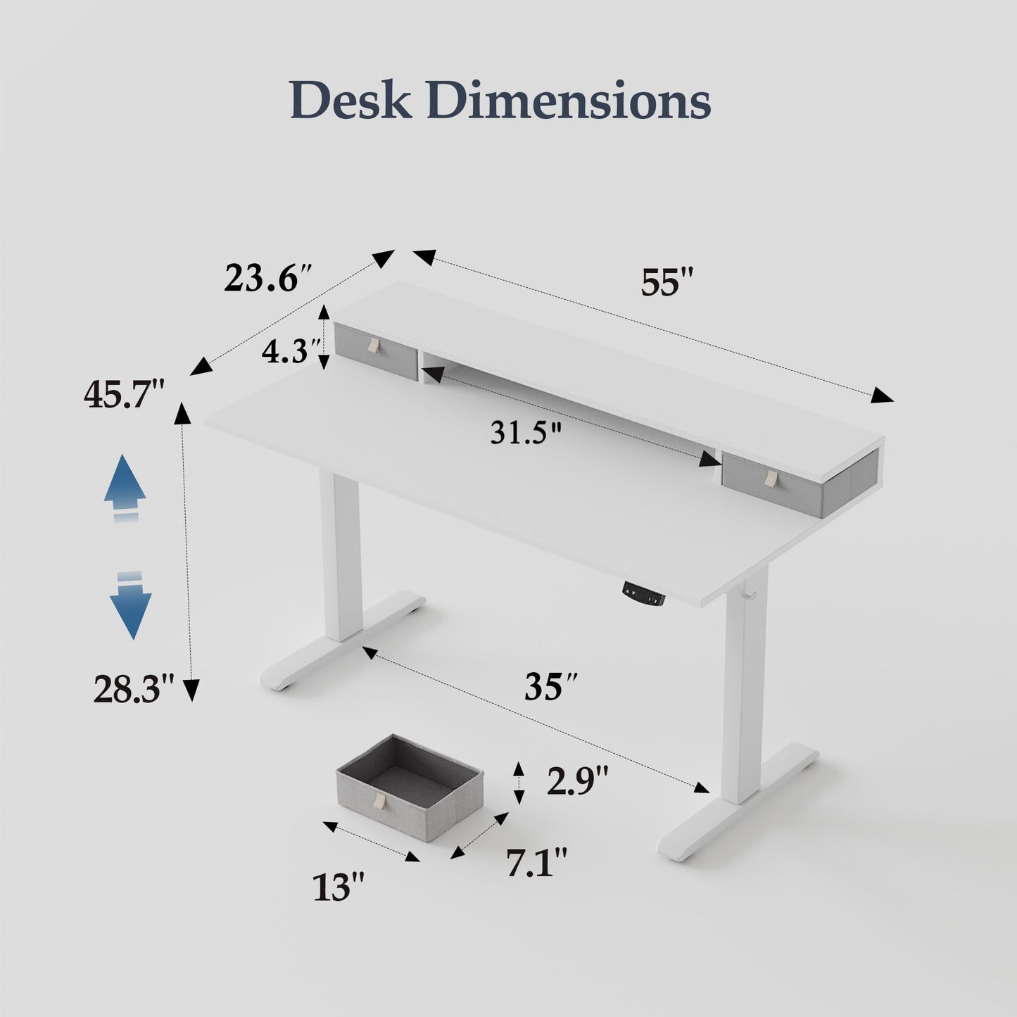 Klicelor 55 x24 Inch Electric Standing Desk with Drawers, Adjustable Height Small Sit Stand Desk for Home Office, Compact Computer Workstation with Storage– White