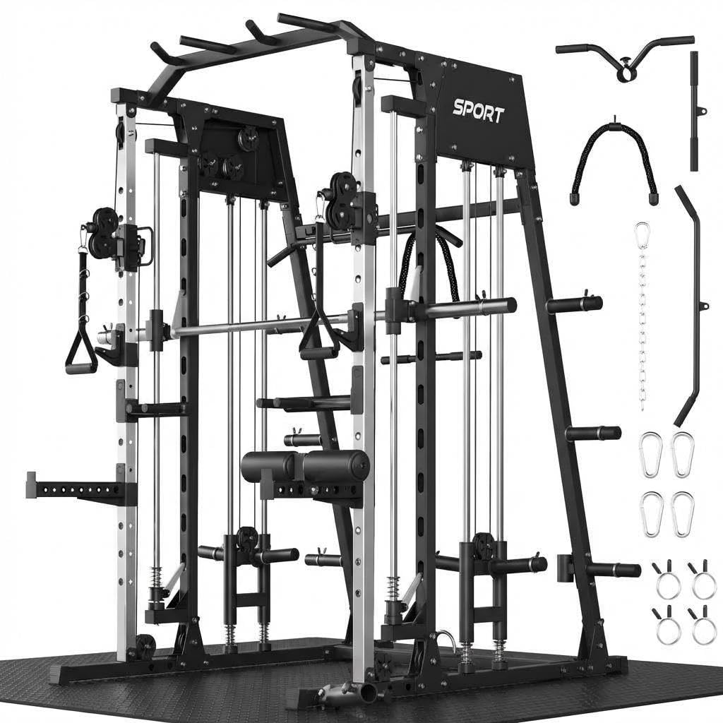 Smith Machine Home Gym, 2200LB Power Cage with Dual Pulley Cable Systems, LAT Pull-Down, Leg Hold-Down & 20+ Attachments for Full Body Workouts, Red