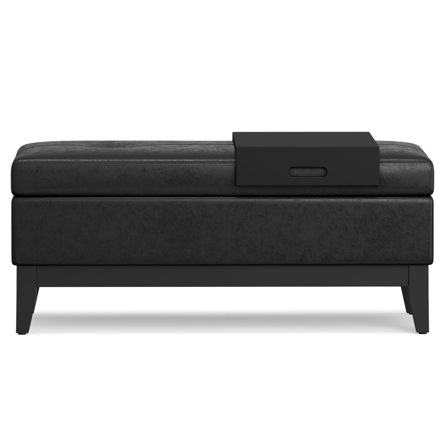 SIMPLIHOME Oregon Storage Ottoman Bench with Tray - 42 inch Wide Upholstered Vegan Leather Rectangle Ottoman Bench in Distressed Black, Transitional Tufted Ottoman for Living Room with Lift-Up Lid