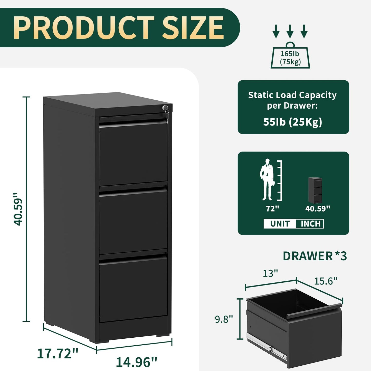 3 Drawer File Cabinet with Lock, Metal Vertical File Cabinets for Home Office, Office Furniture for Organization Hanging Legal/Letter/A4, Office File Cabinet Storage Cabinet, Require Assembly, Black