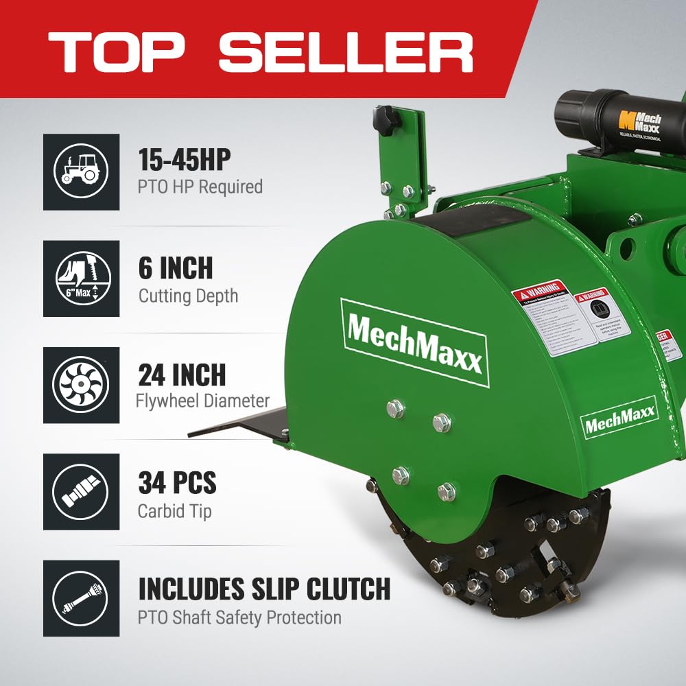 MechMaxx Heavy Duty 3-Point PTO Powered Stump Root Grinder For 15-45HP Tractors With 34 Carbide Teeth, 6'' Cutting Depth, 24'' Flywheel Diameter, Model SG24 Green