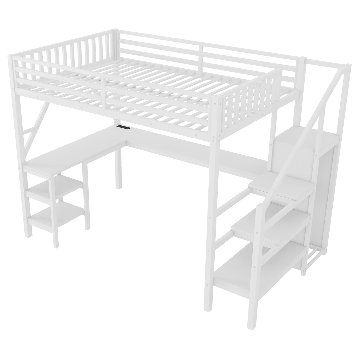 KEIKI Full Size Metal Loft Bed Frame with L-Shaped Desk & Staircase & Wardrobe & USB, Modern Style Loft Bed with Solid Slat & Guardrail, No Box Spring Required, Easy Assembly, for Bedroom, White
