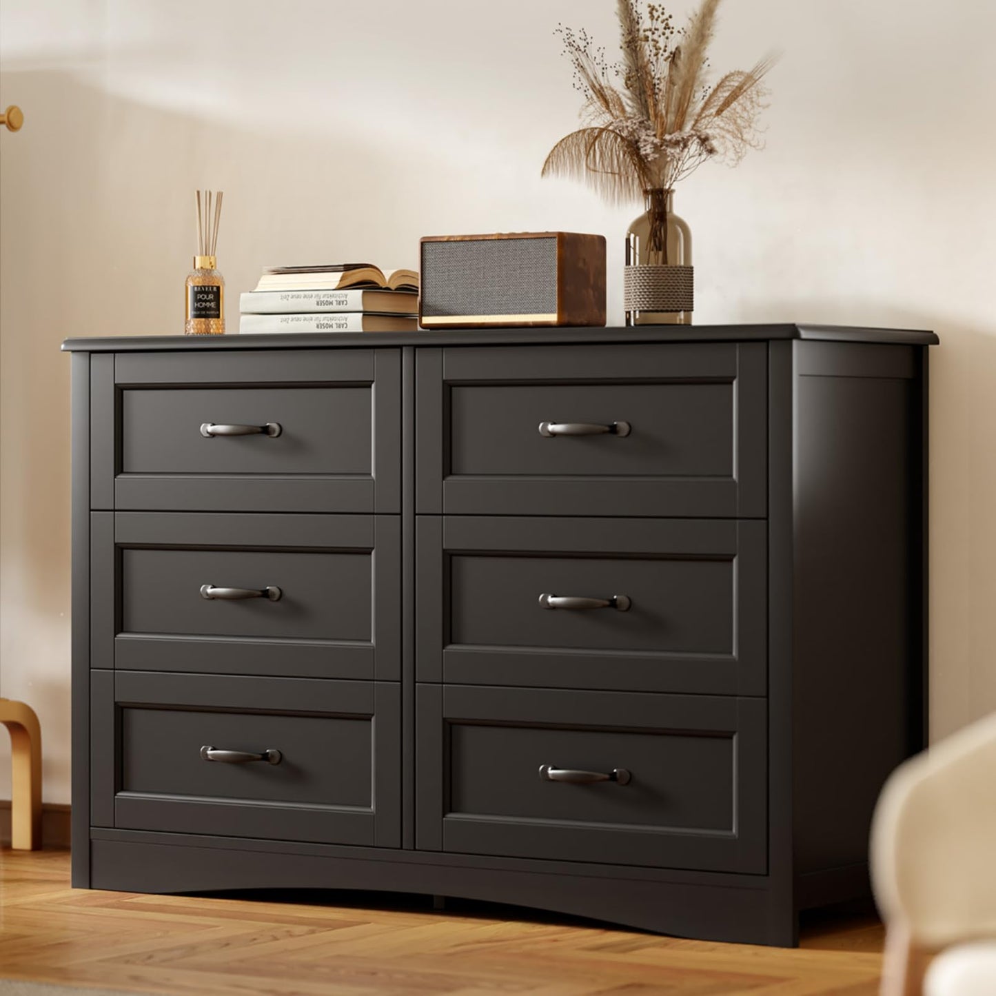 Gizoon 6 Drawer Dresser for Bedroom，47'' Larger Chest of Drawers with Mental Handle for Kids Room, Black Dresser with 6 Storage Drawers for Living Room, Entryway and Hallway, Black