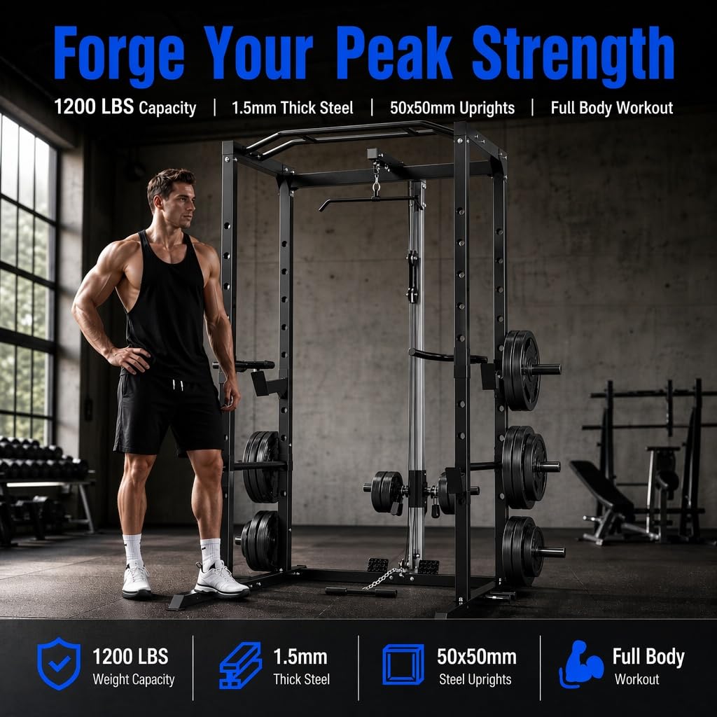 KOPUS Power Rack with Pulley System – Multi-Functional Power Cage Squat Rack, LAT Pull Down, J Hooks & Safety Bars – 1200 lbs Home Gym Equipment – 5 Configurations (Cage + Pulley + 150LB Weights)