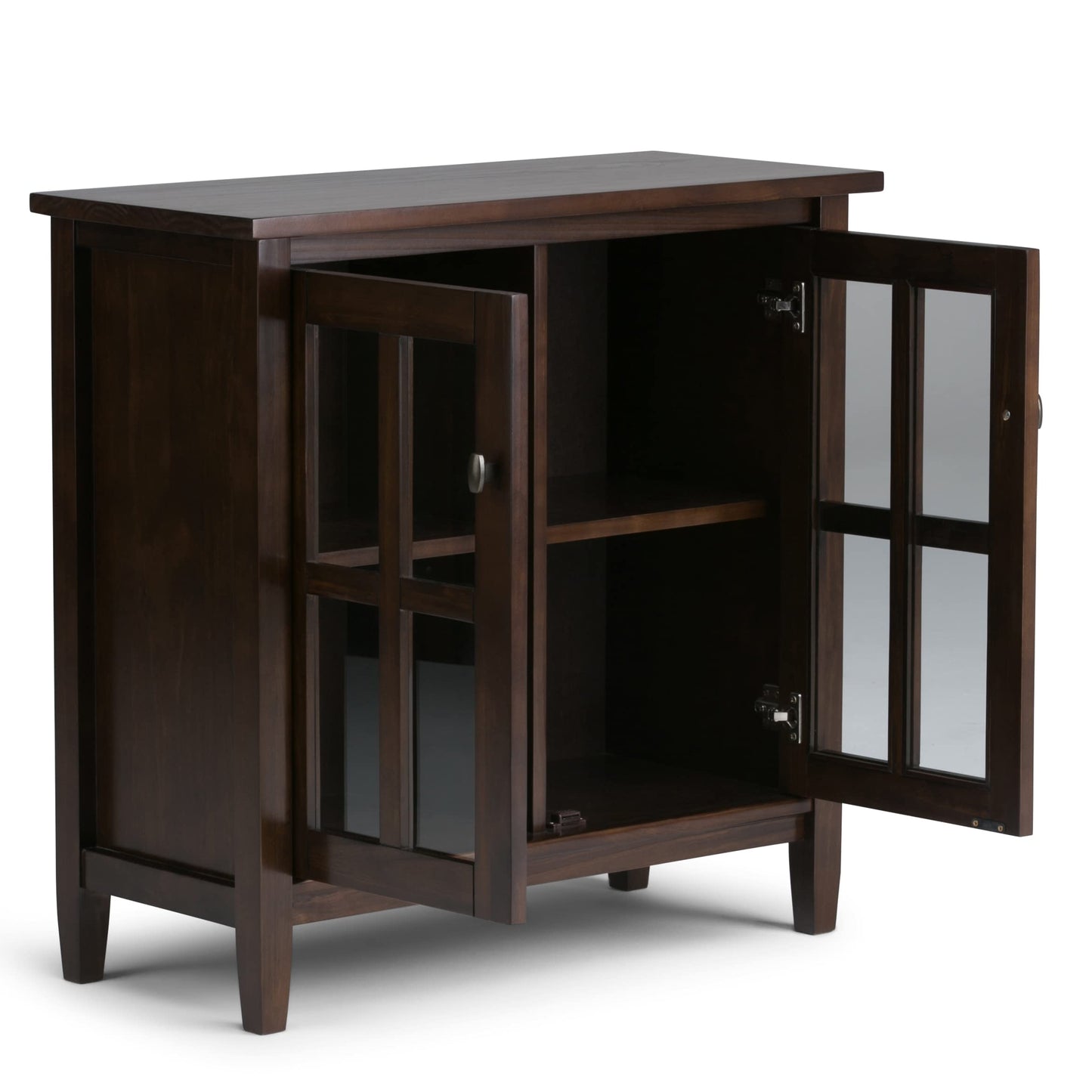SIMPLIHOME Warm Shaker Storage Cabinet - 32 inch Wide Solid Wood 2-Shelf Low Storage Cabinet in Brunette Brown, Transitional Accent Cabinet for Entryway with Tempered Glass Doors and Shelves