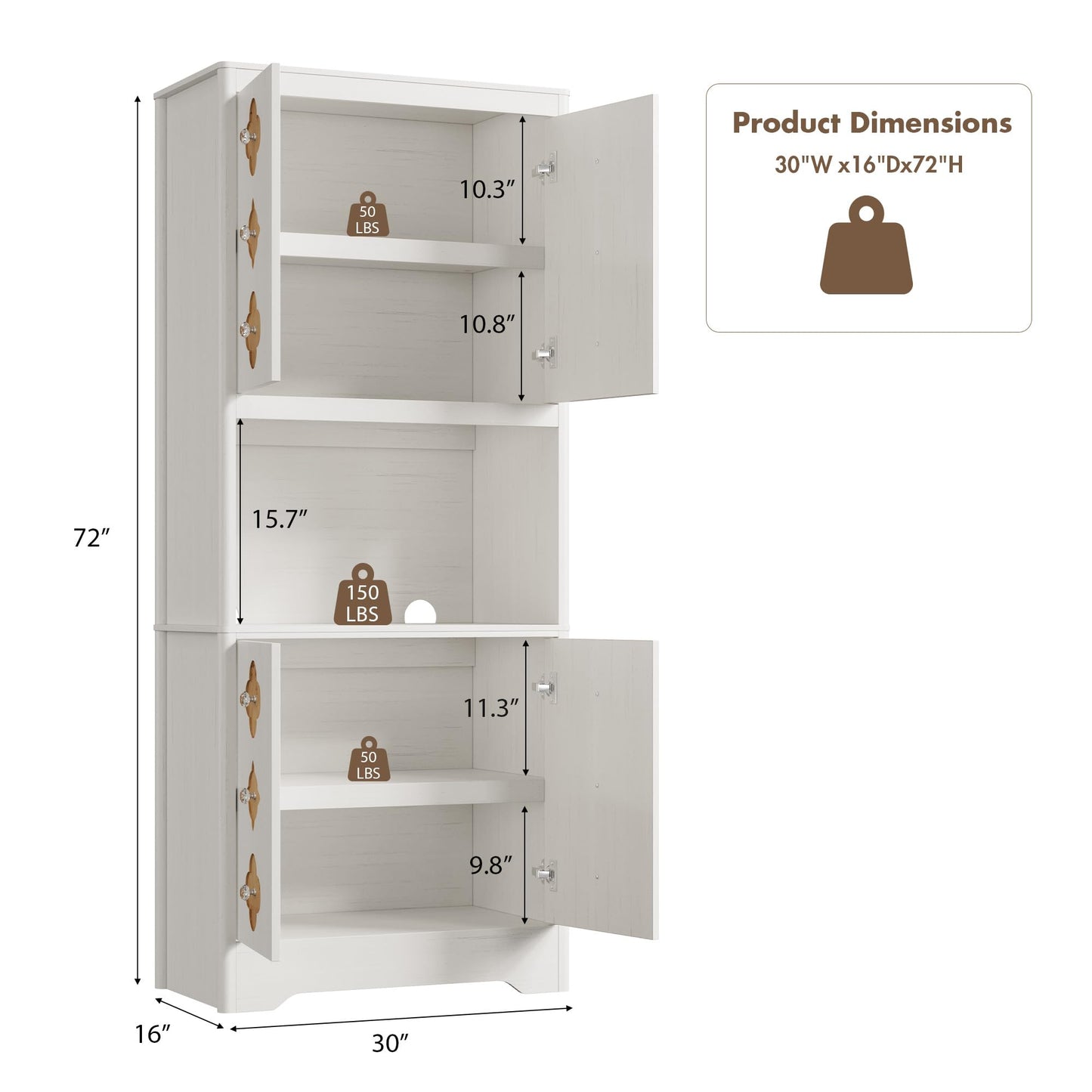GarveeHome 72" Tall Kitchen Pantry Storage Cabinet, 4 Door with Carved Design and Shelf for Microwave, Freestanding Wooden Cupboard with Crystal Handle, for Dining Living Room, Antique White