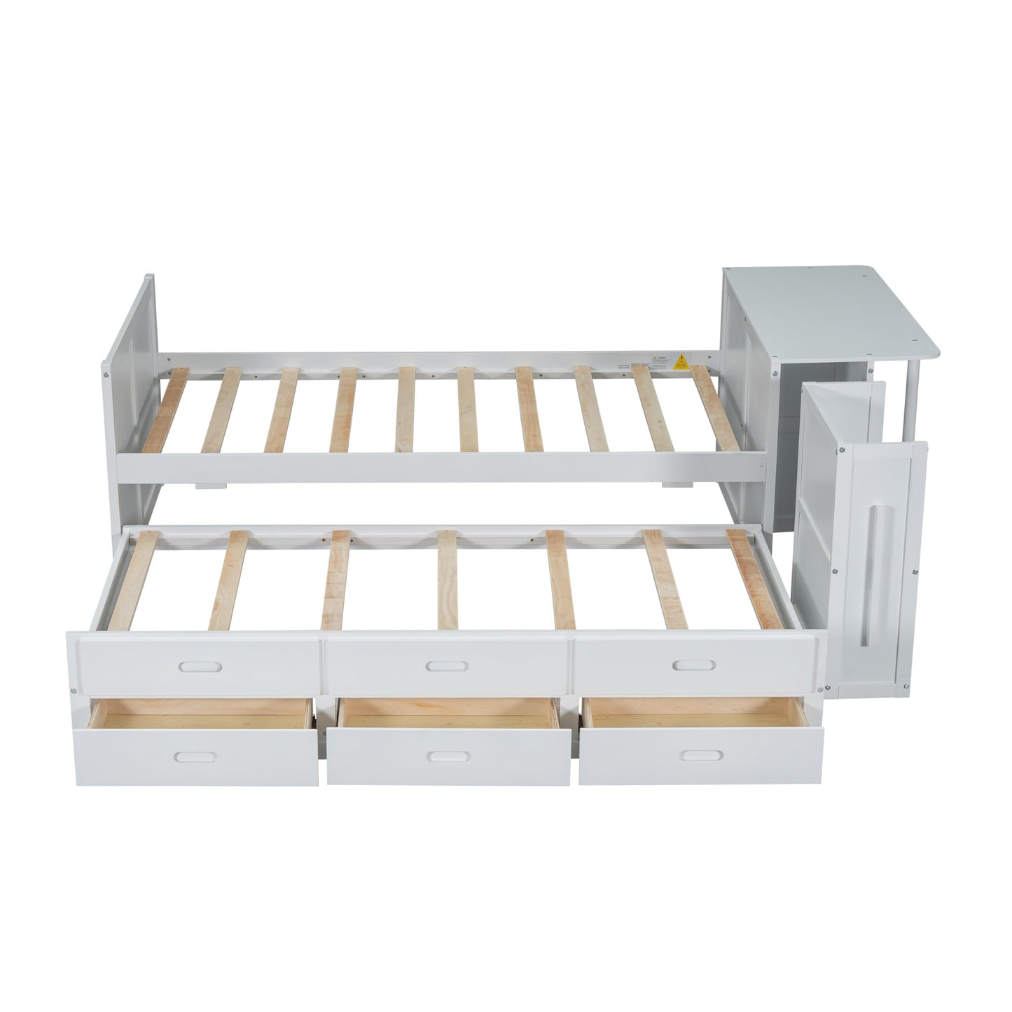 Merax Twin Size Platform Bed with Desk, Storage Shelf, 3 Drawers, Multifunctional Wood Bedframe with Trundle, No Box Spring Needed, Noise Free, White
