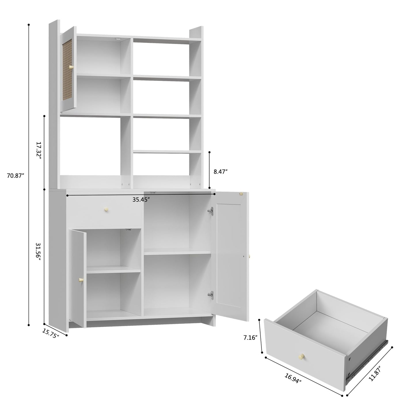 71'' Tall Kitchen Pantry Storage Cabinet, Kitchen Hutch Bar Cabinet with Microwave Stand, Farmhouse Buffet Cabinet w/Drawer, 3 Adjustable Shelf & 3 Rattan Doors for Kitchen, Dining Room (White)