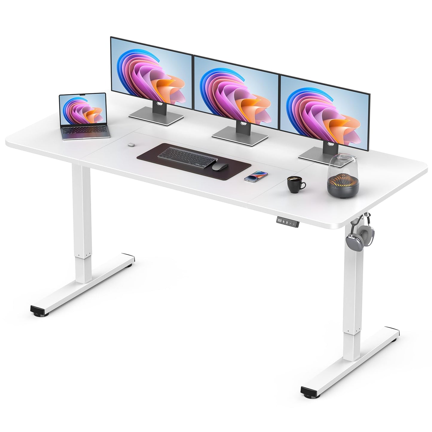 Xyndyx 63" Electric Standing Desk Adjustable Height, Sit Stand up Desk for Home Office & Computer Workstation, 2 Memory Height Settings, Splice Board, 2 Hooks, White Frame/White Top