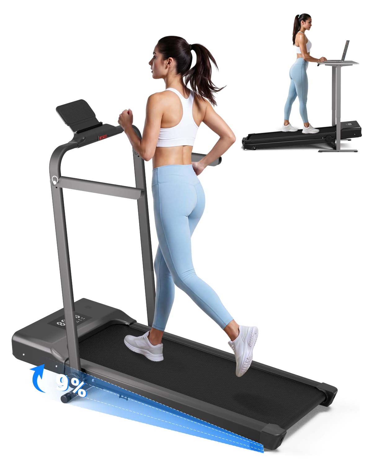Superun Walking Pad Treadmill with Handle Bar, 300 LBS Capacity Treadmills for Home, 3.0HP Portable Under Desk Treadmill for Home Office with LED Display Remote APP Control