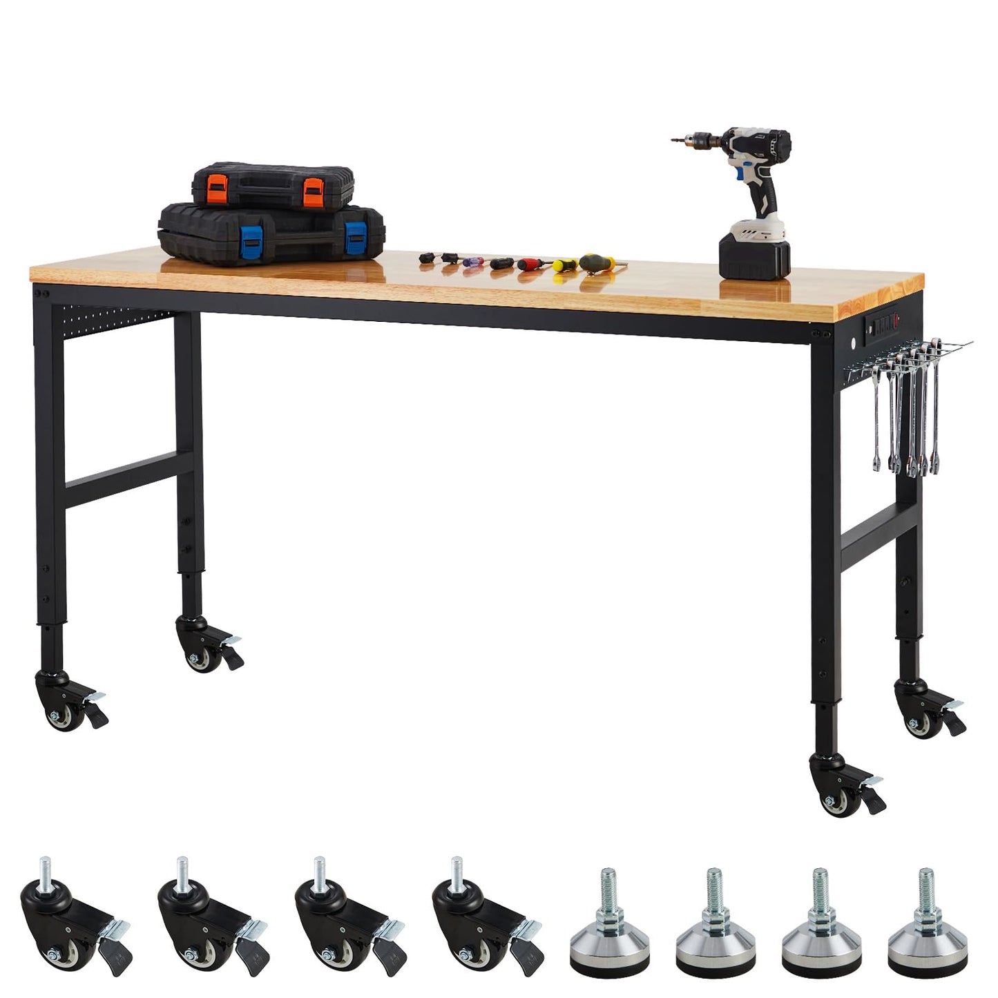 Workbench Adjustable 75' x 25', 2000 Lbs Load Capacity, 29.5"-38.4" Heights Garage Worktable with Universal Wheels & Power Outlet, Heavy-Duty Table for Workshop Office Home Commercial