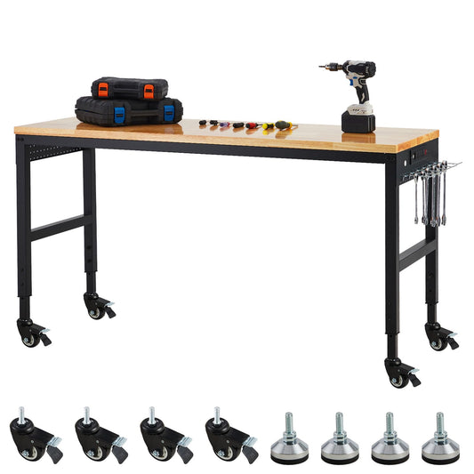 Workbench Adjustable 75' x 25', 2000 Lbs Load Capacity, 29.5"-38.4" Heights Garage Worktable with Universal Wheels & Power Outlet, Heavy-Duty Table for Workshop Office Home Commercial