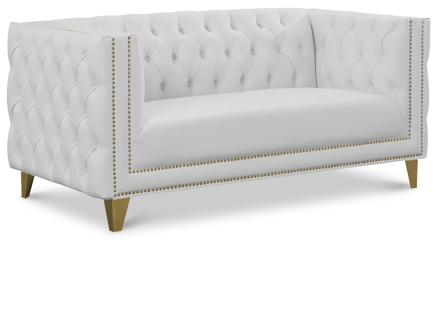 Meridian Furniture 651White-L Michelle Collection Modern | Contemporary Loveseat with Deep Button Tufting, Gold Nailhead Trim and Sturdy Gold Iron Legs, White Vegan Leather, 66" W x 34" D x 30" H