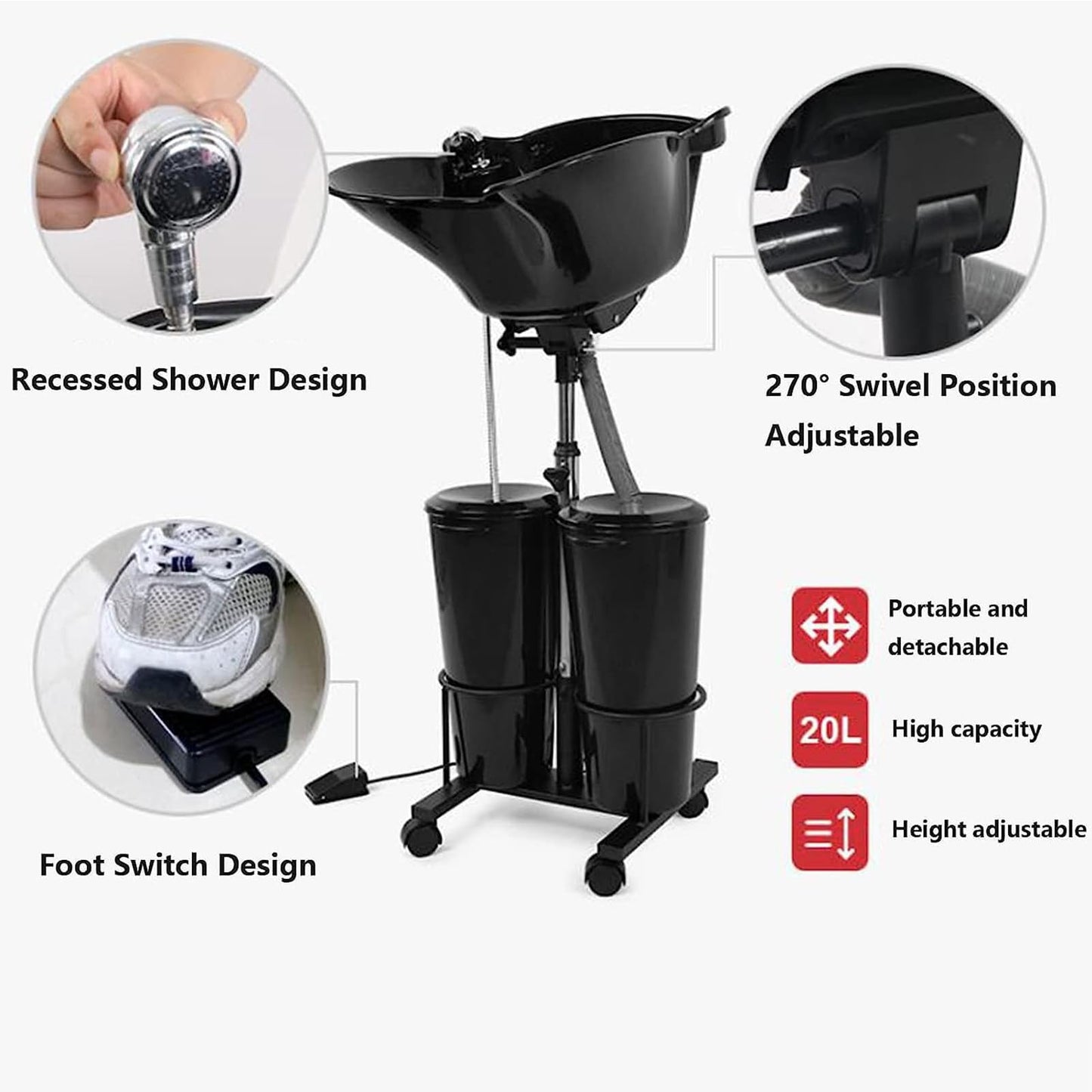 JYXYXSCP Portable Hair Washing Basin,Shampoo Unit,W/Electric Pump, Height Adjustable Beauty Salon Basin with 2 Bucket and Drain Hoses