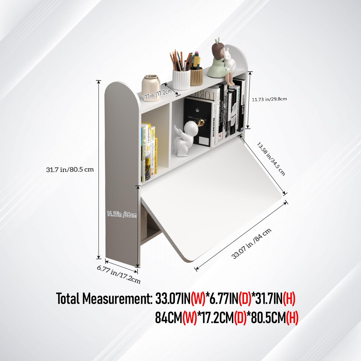 TuckTect Wall Mounted Drop-Leaf Table, Floating Laptop Desk, Folding Table with Shelves, Multifunctional Computer Workstation with Storage Compartments in Home Office for Space Saving (White)