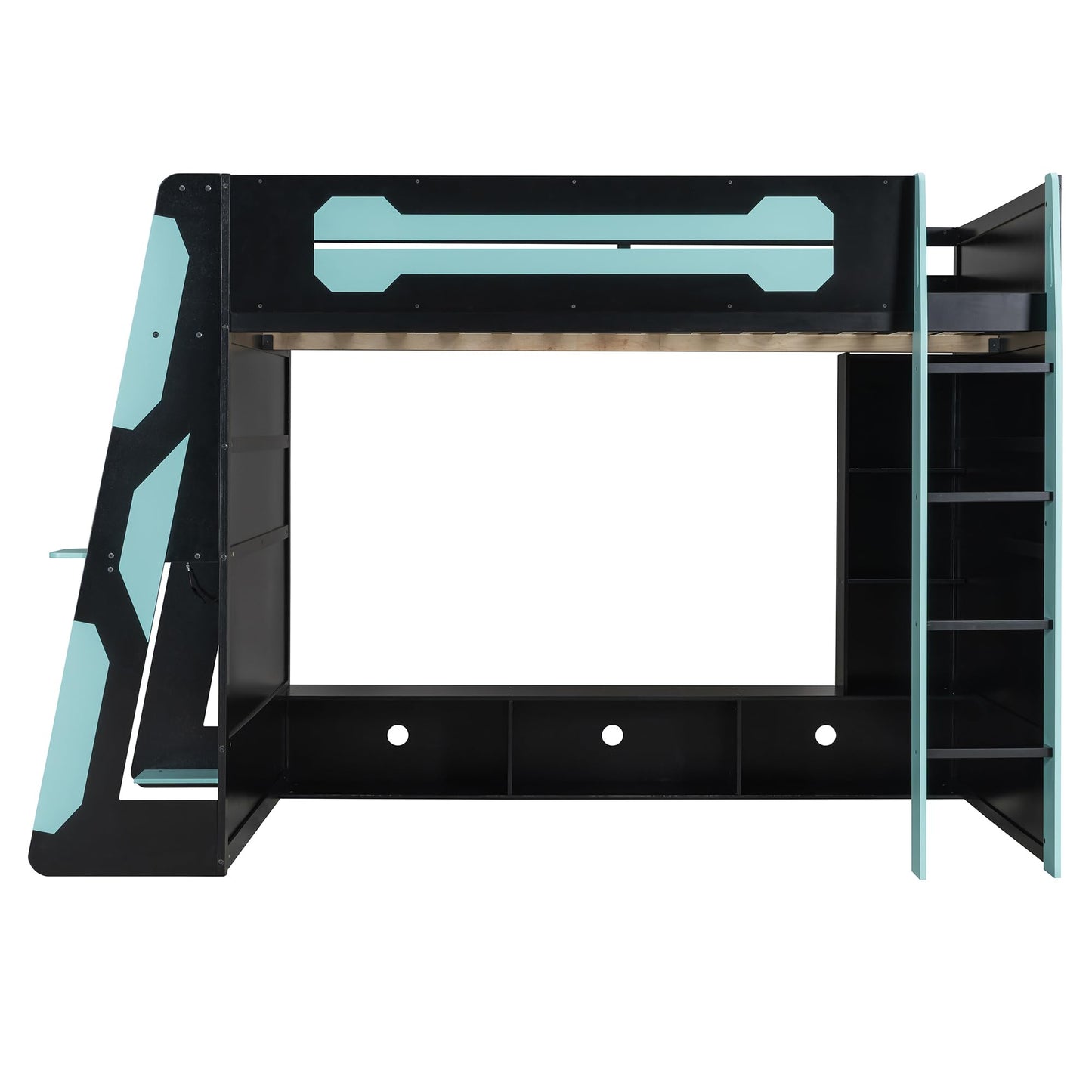 Merax Full Size Loft Bed with Desk and Multi-Storage Shelves, Wooden Gaming Loft Bed Frmae with Light and Charging Station, Space-Saving Bed with Safety Guardrail, No Box Spring Needed, Blue