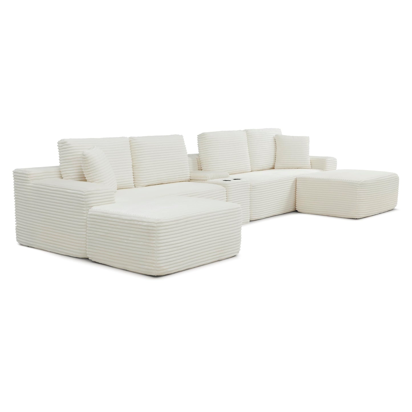 KEIKI 125" Corduroy Sectional Sofa with Two Ottomans, Upholstered Boneless Couch with Cupholders, USB Ports, L Shaped Cloud Couch for Living Room, Bedroom, Office, Apartment, Beige