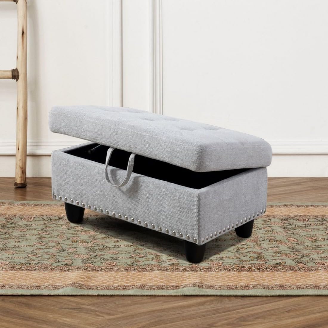 UOCFYK L-Shaped 3-Piece Flannel Sofa with Ottoman, Sectional Couch Set for Living Room, Office, Apartment, with Cup Holder, Grey White