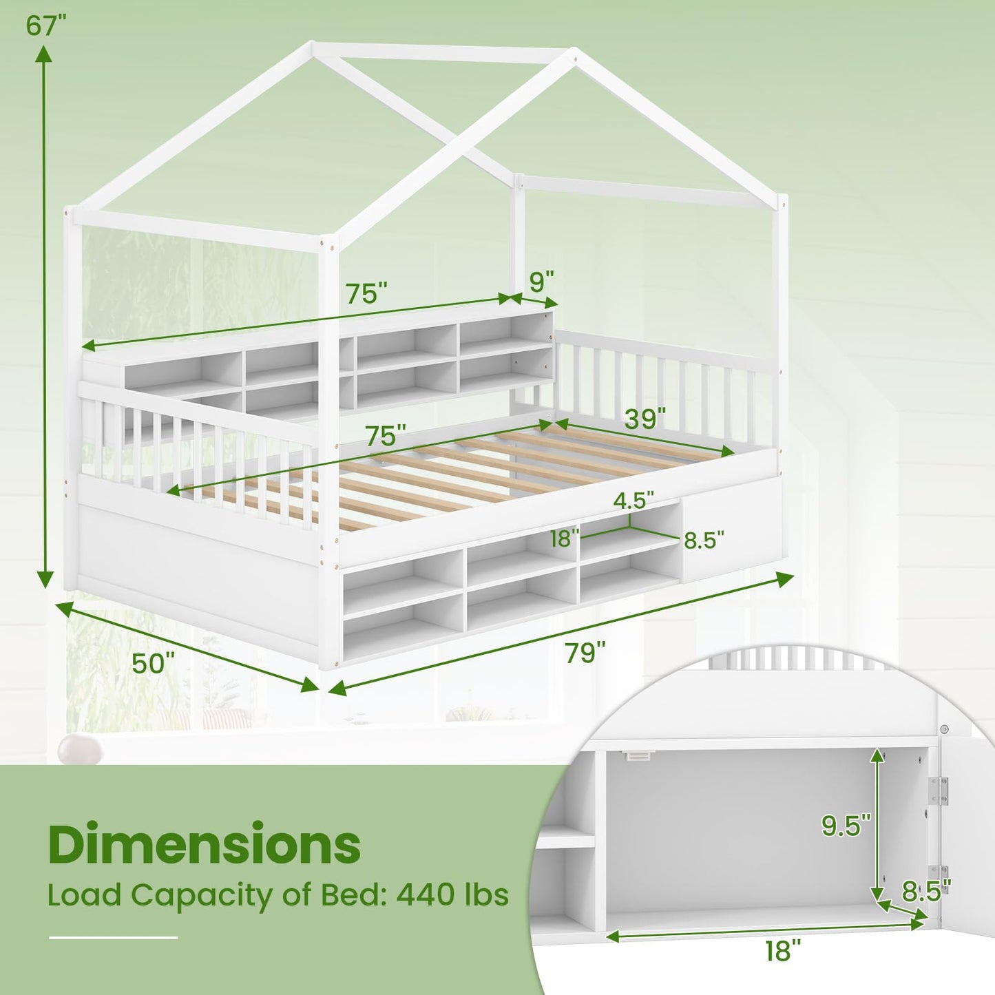 KOMFOTT Twin Size Wood House Bed with Storage Shelves, Wooden Platform Bed Frame with Storage Cabinet, Headboard & Footboard, House Bed with Wood Slats Support, No Box Spring Needed (White)