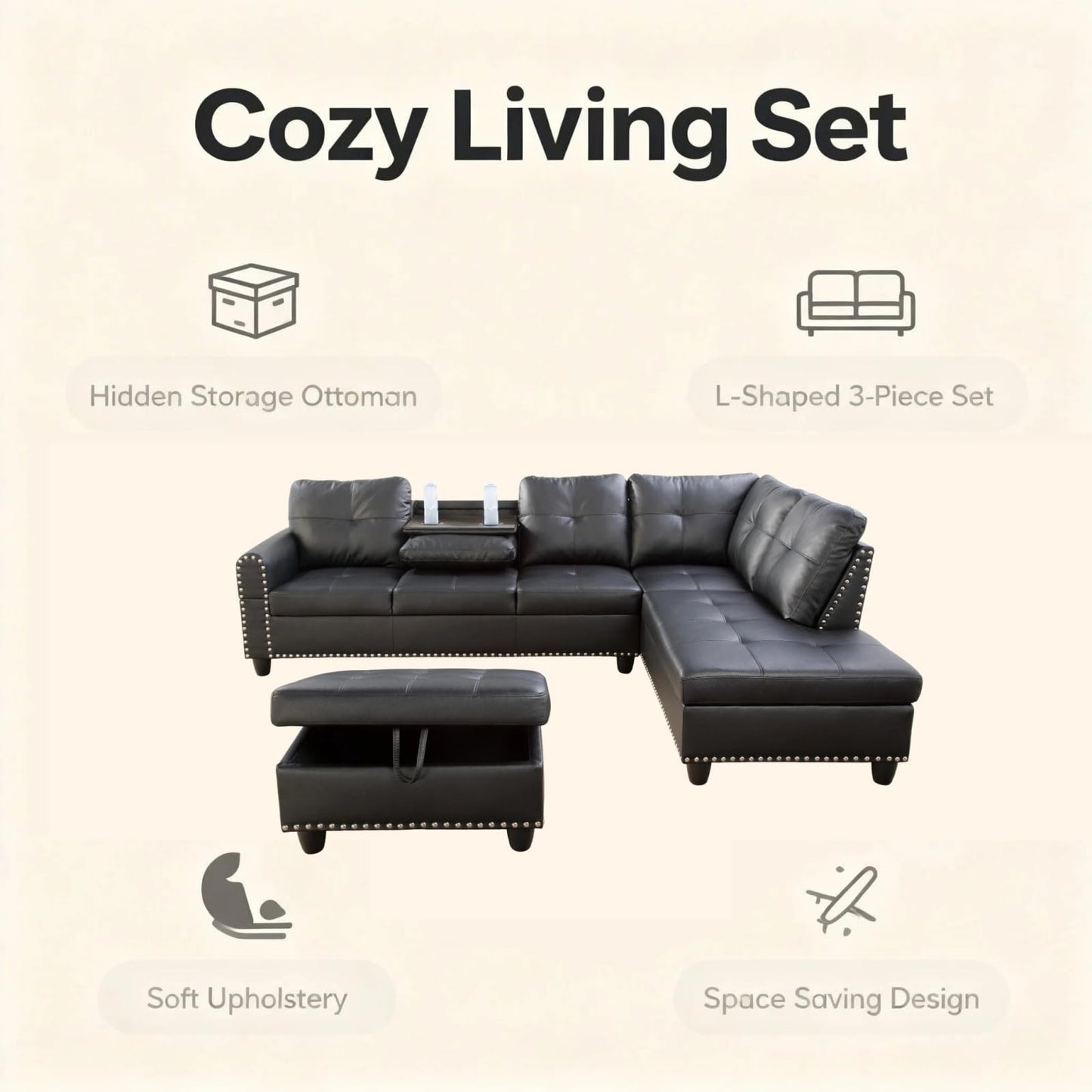 Trygoal 97.5" L-Shape Sofa with Storage Ottoman & Reversible Coffee Table, Leather Sectional Couch with Right Chaise, Modern 3-Piece Sofa Set, Upholstered Couch Set with Solid Wood Frame, Dark Grey