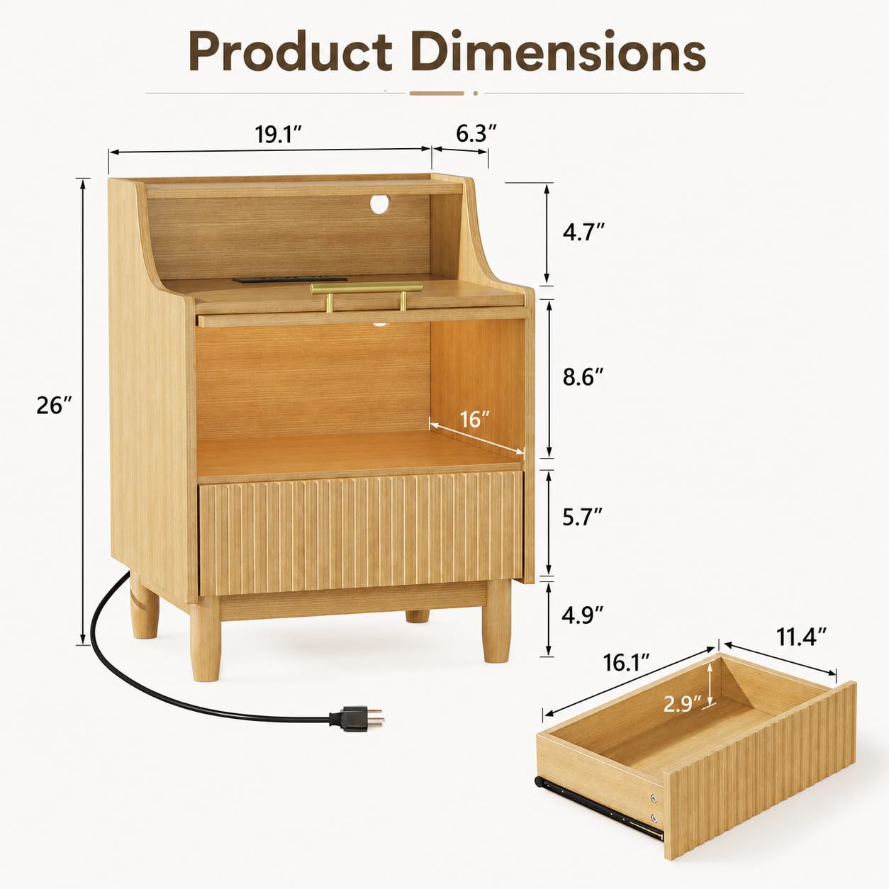 Einhomn Nightstand Set of 2 with Charging Station & LED Light, Fluted Beside Table with Drawer & Transparent Storage, Side Table for Living Room, Narrow Bedside Table for Bedroom Small Space, Natural