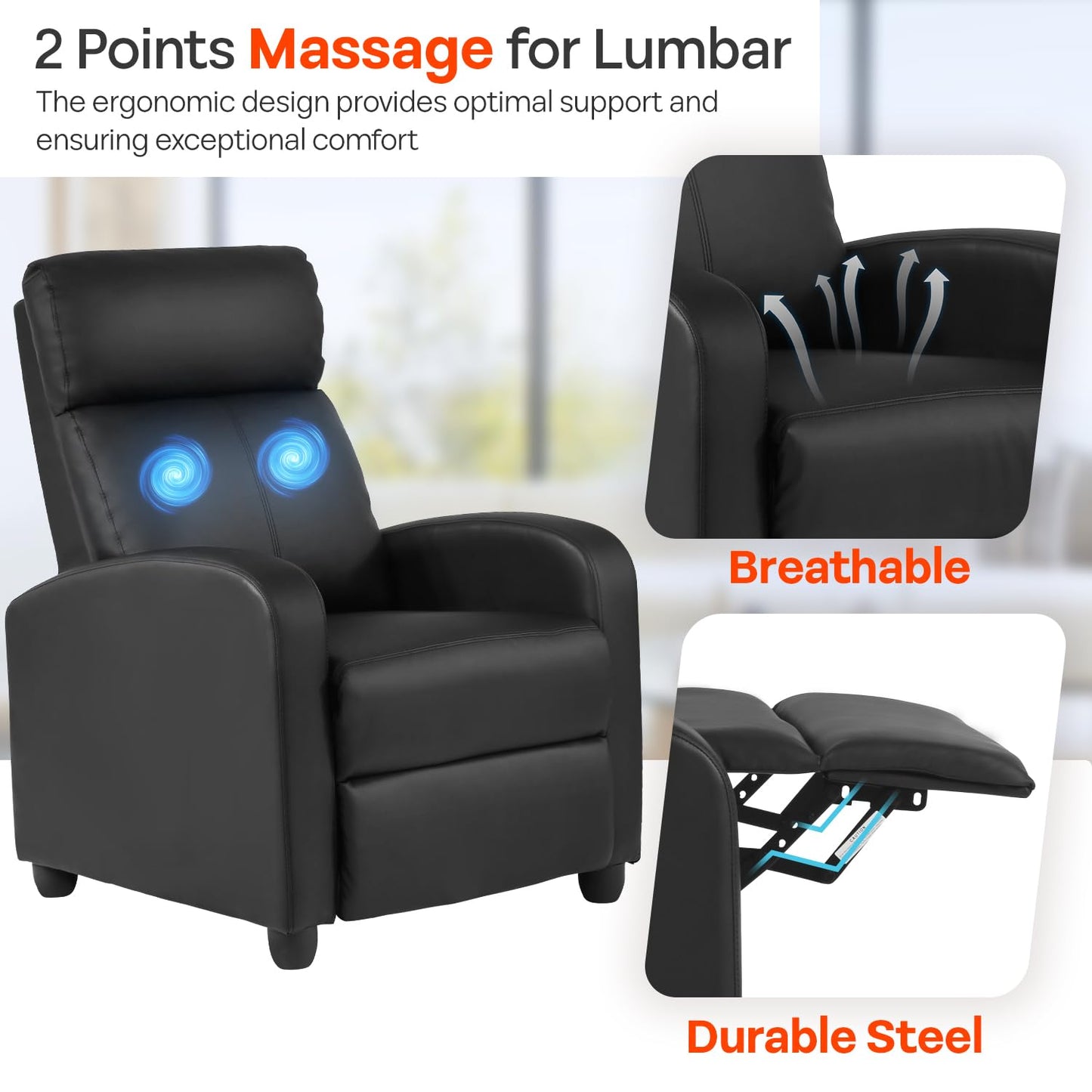 FDW Recliner Sofa Massage Chair Home Theater Seating with Lumbar Support and Padded Backrest for Living Room and Bedroom (Leather, Black)