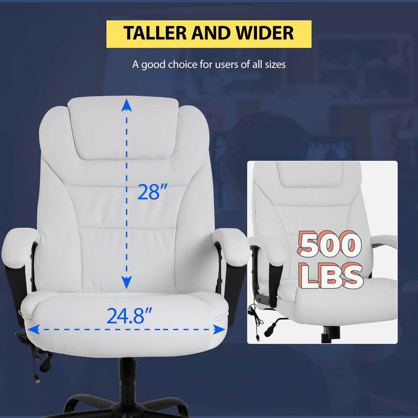 Big and Tall 500lbs Wide Seat Ergonomic Desk Chair with Lumbar Support Arms Headrest Massage Office Chair Rolling Swivel PU Leather Task Computer Chair for Adults (White)