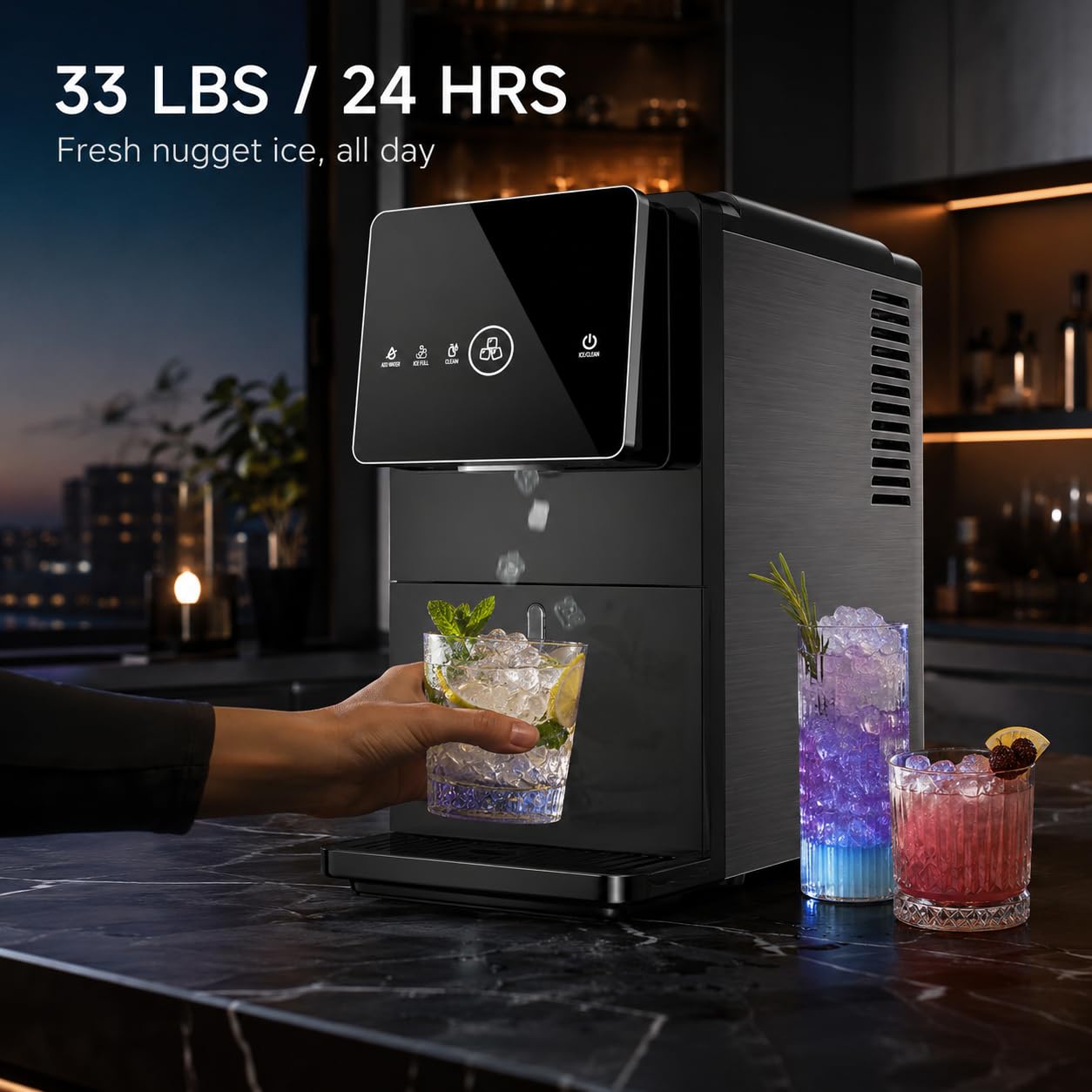 Kismile Nugget Ice Maker Countertop, 33LBS/24H Ice Machine with Soft Chewable Ice, One-Click, Self-Cleaning Function, Stainless Steel Ice Maker with Indicator Lights for Home/Kitchen(Black)