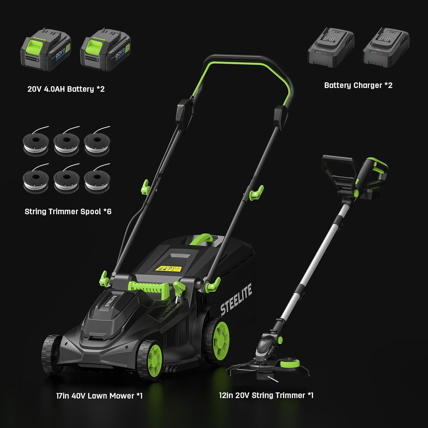 STEELITE 40V 17" Electric Lawn Mower & 12" String Trimmer Combo Set, Yard Care Kit with 2x4.0Ah Batteries & Dual Chargers