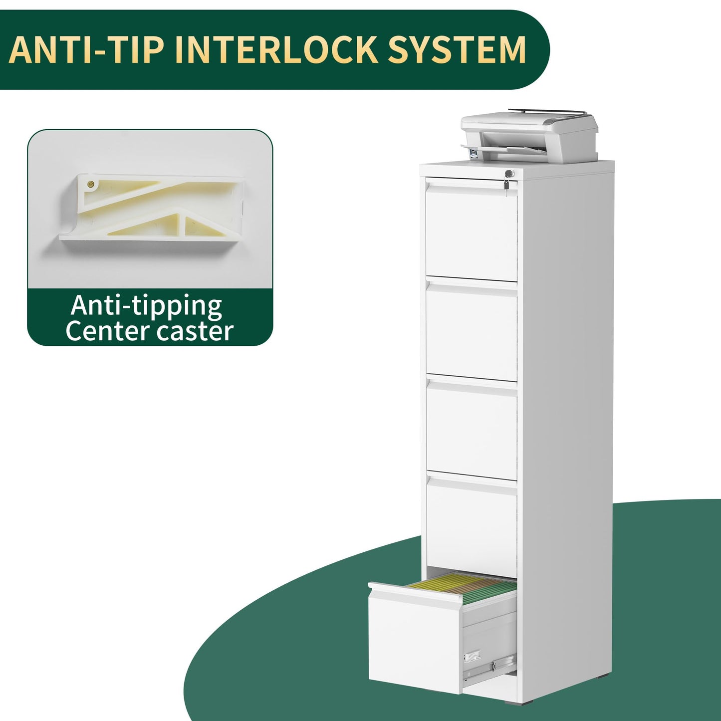 FOSTOKO 5 Drawer File Cabinet with Lock, Steel Vertical Filing Storage Cabinet for Home Office, Heavy-Duty File Cabinets for Letters/Legal/A4 (Require Assembly, White)