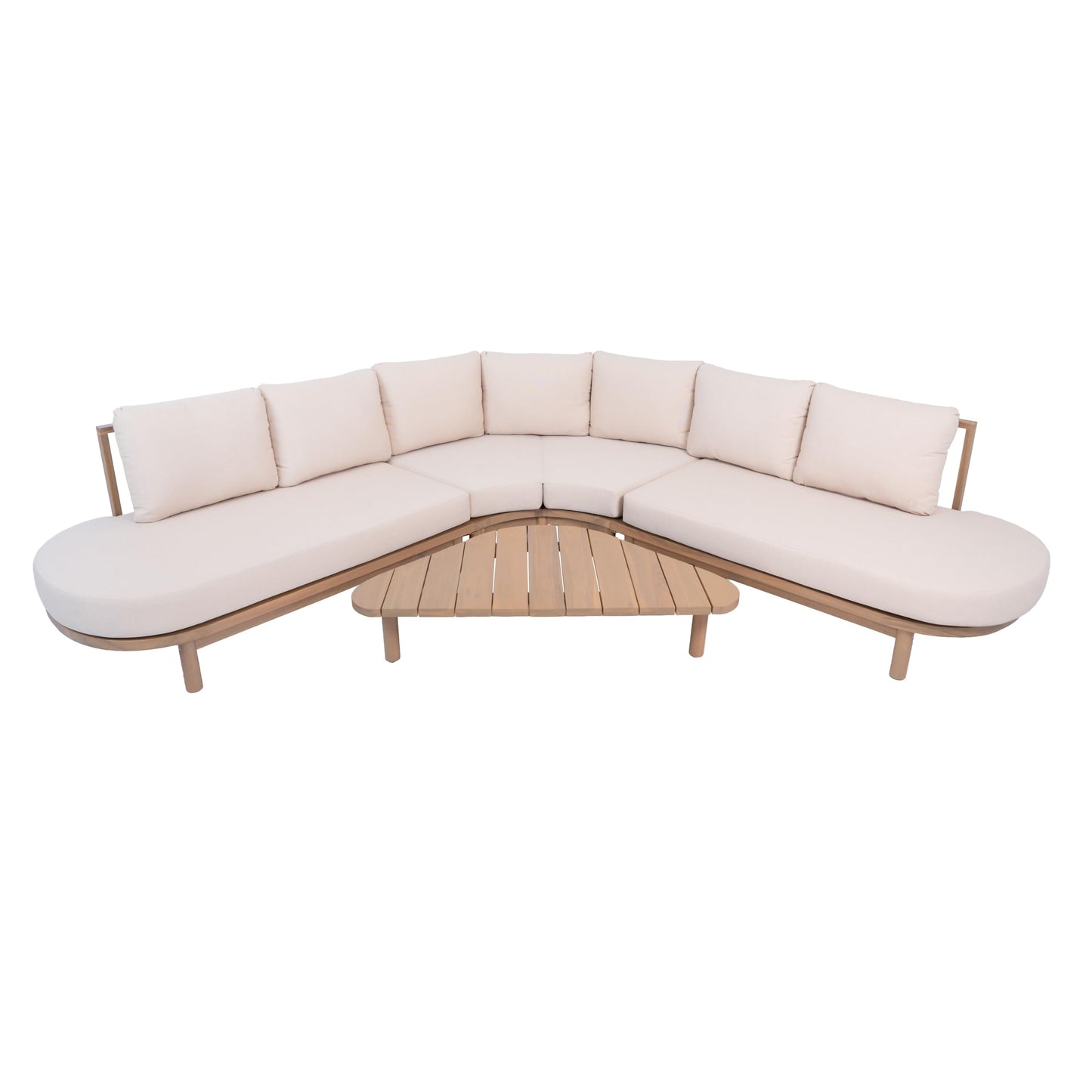 Merax 5 Piece Patio Acacia Wood Curved Sectional Sofa Set, Outdoor Half- Moon Sofa Couch with Waterproof Cushions, 1 Coffee Table for Garden, Lawn, Backyard, Poolside, Beige+Brown