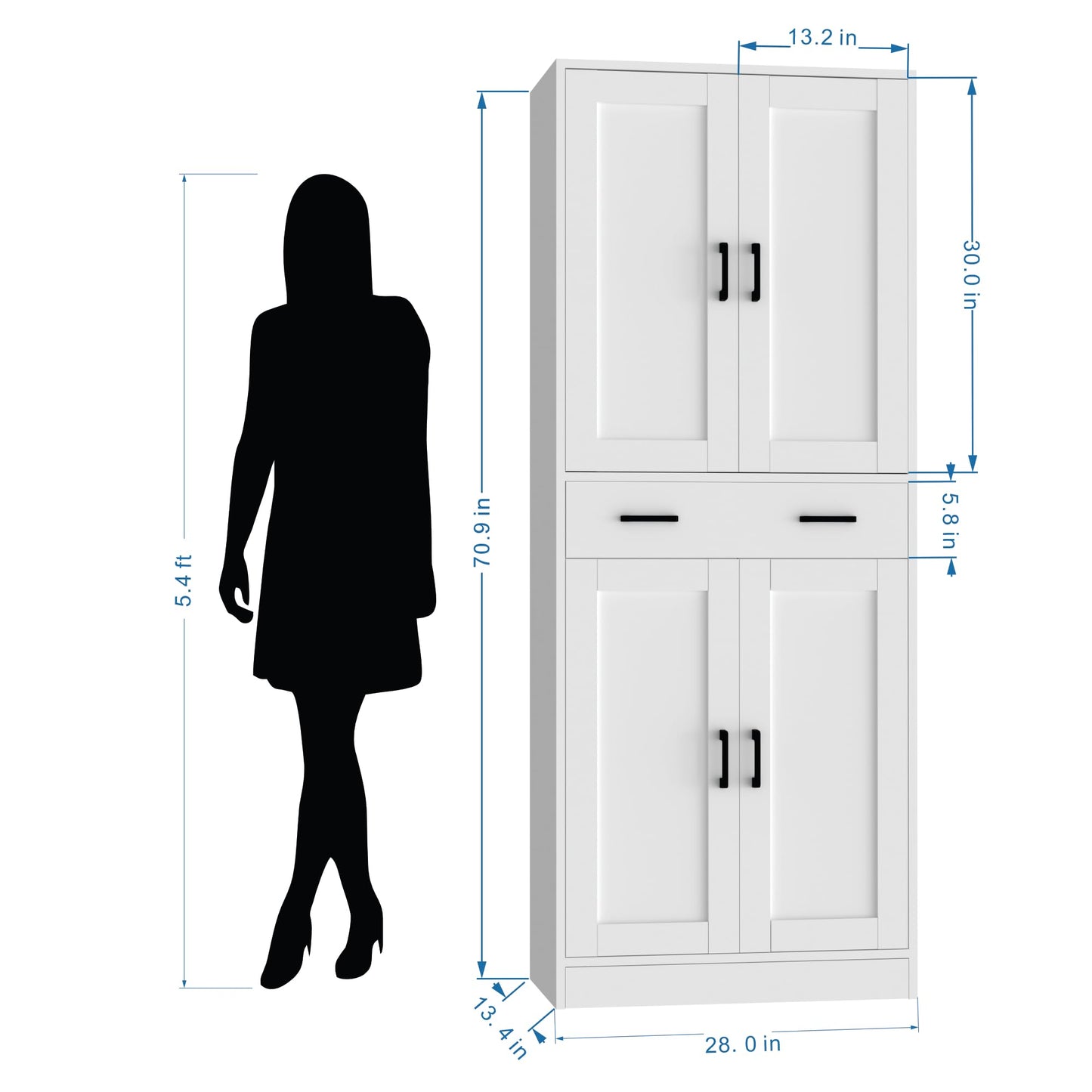 DIYART 71" Tall Kitchen Pantry Cabinet, Freestanding Food Storage Cupboard with Drawer and 4 Doors, Large White Utility Floor Cabinet with Adjustable Shelves for Dining Room, Home Office
