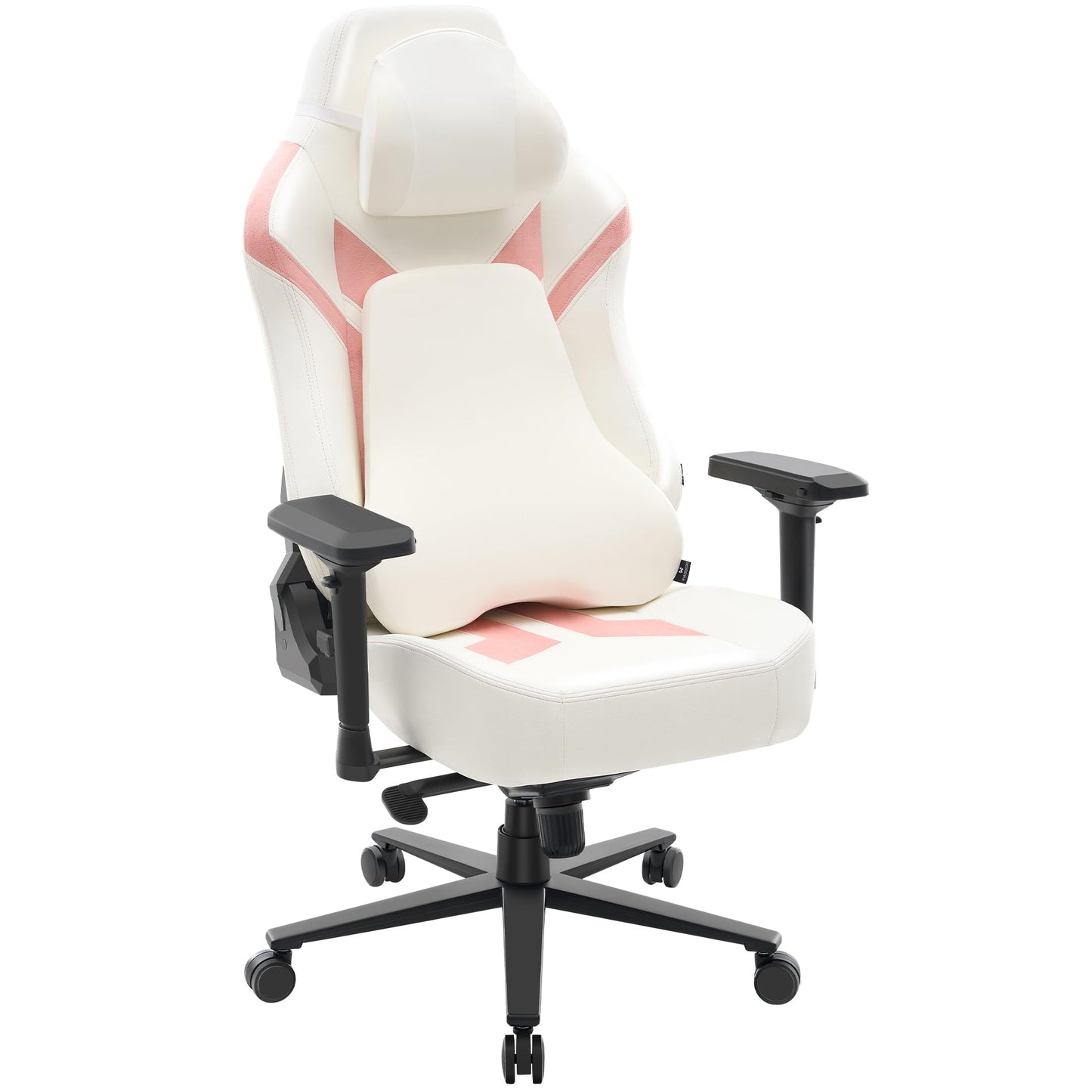 Wyrdforging Ergonomic Gaming Chair, Computer Desk Chairs, 4D Armrests, High Back Office Chair with Headrest & Lumbar Pillow, Tilt Rocker Recliner, Heavy-Duty Base, White PU Leather & Pink Suede Comb