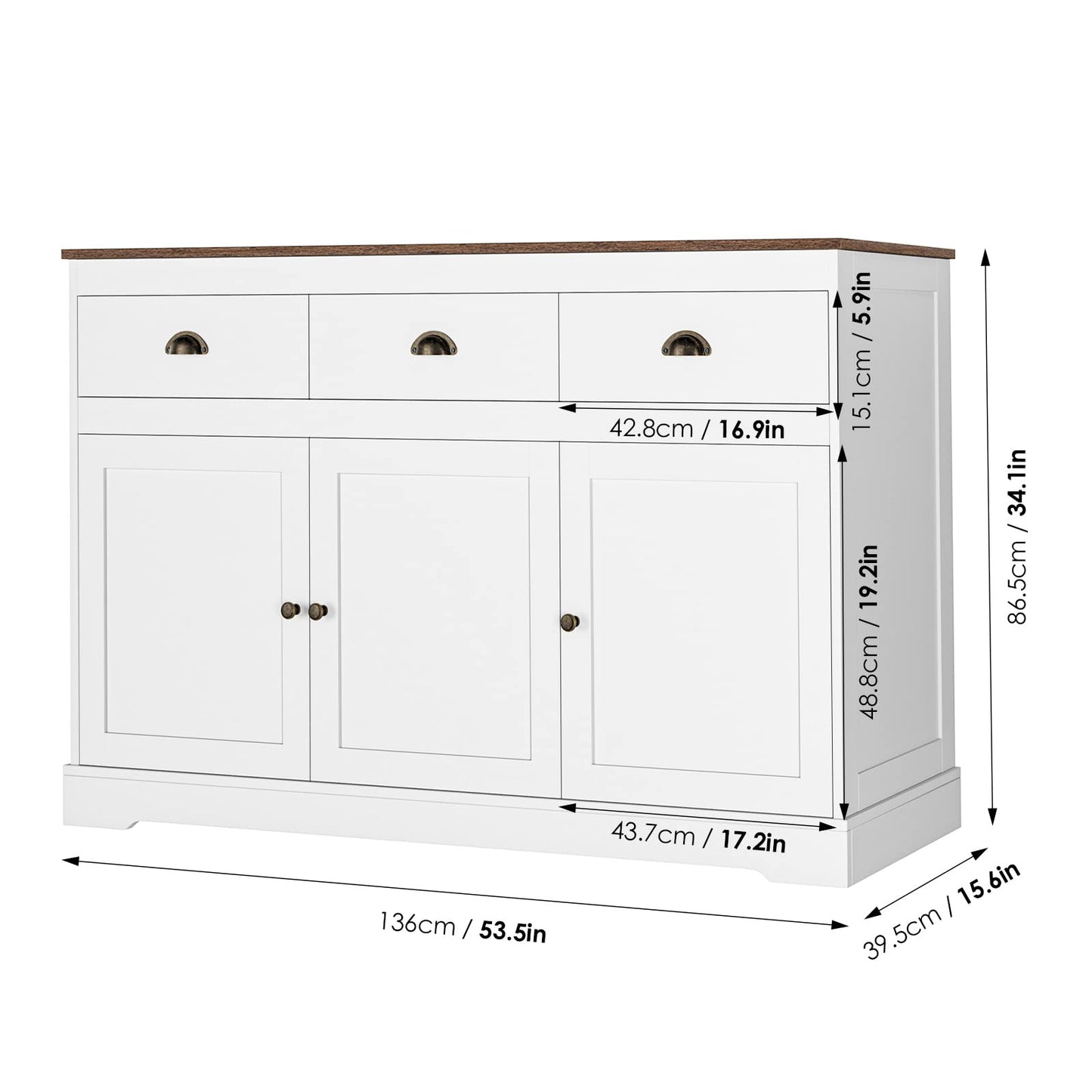Keyluv White Buffet Cabinet Storage Sideboard Farmhouse Server Bar Wine Cabinet with 3 Drawers & 3 Doors Adjustable Shelves Console Table for Dining Living Room Kitchen Cupboard
