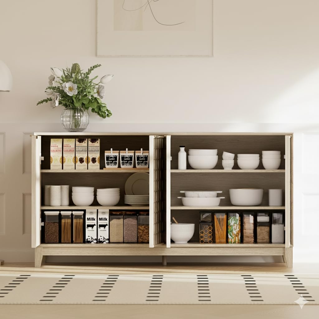 COLAMY 60" Sideboard Buffet Cabinet with Storage, Modern 4-Door Buffet Table with 3D Checkerboard Doors & Solid Wood Legs, Large Coffee Bar Cabinet for Dining Room, Living Room, Entryway,Oak Mist