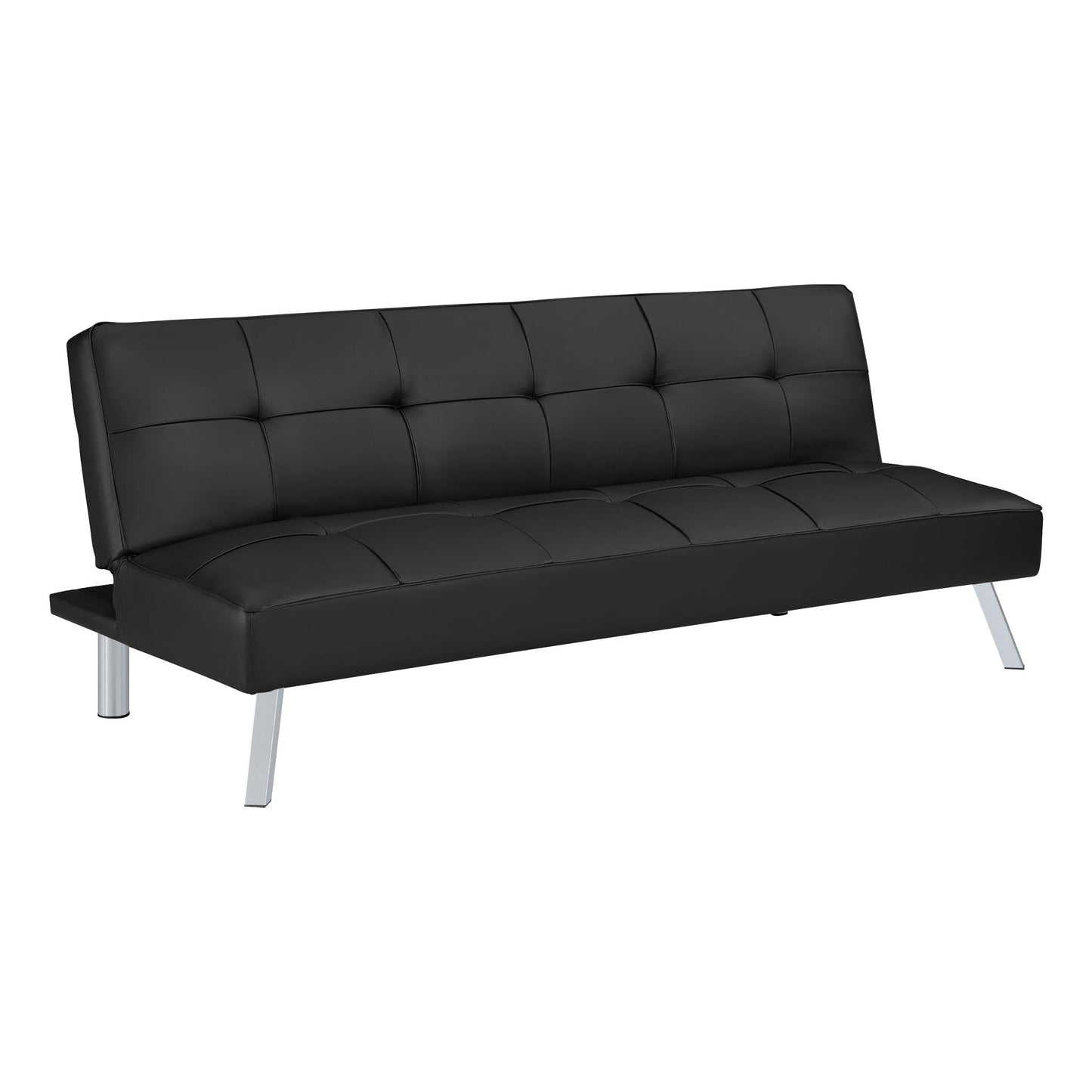 OSP Home Furnishings Kenneth Modern Button Tufted Convertible Click-Clack Futon Sofa Bed, Black Faux Leather with Chrome Legs
