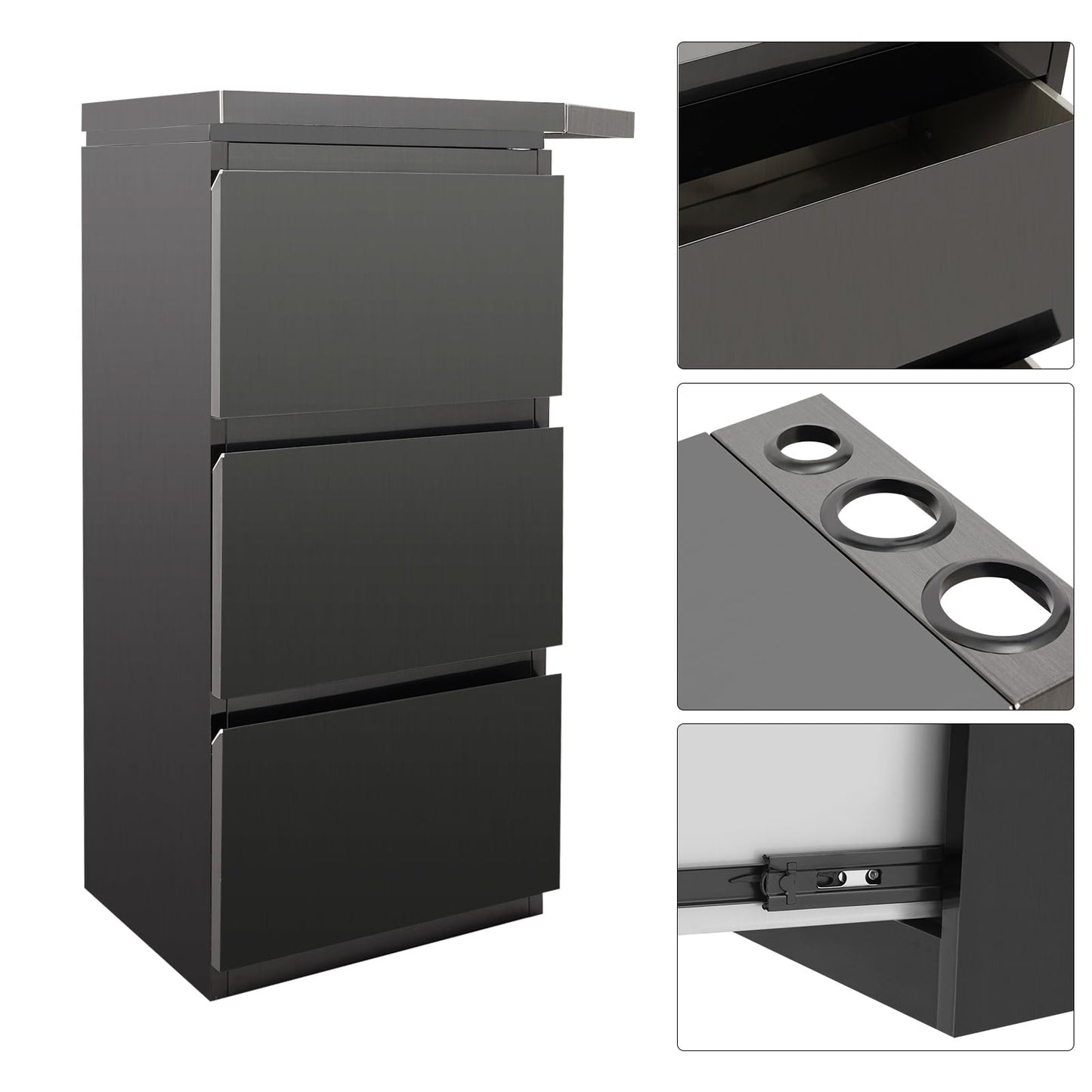 Salon Station for Hair Stylist, 3-Drawer Stainless Steel Salon Storage Cabinet Barber Organizer with 3 Hair Dryer Holders, Smooth & Silent Sliding (Black)