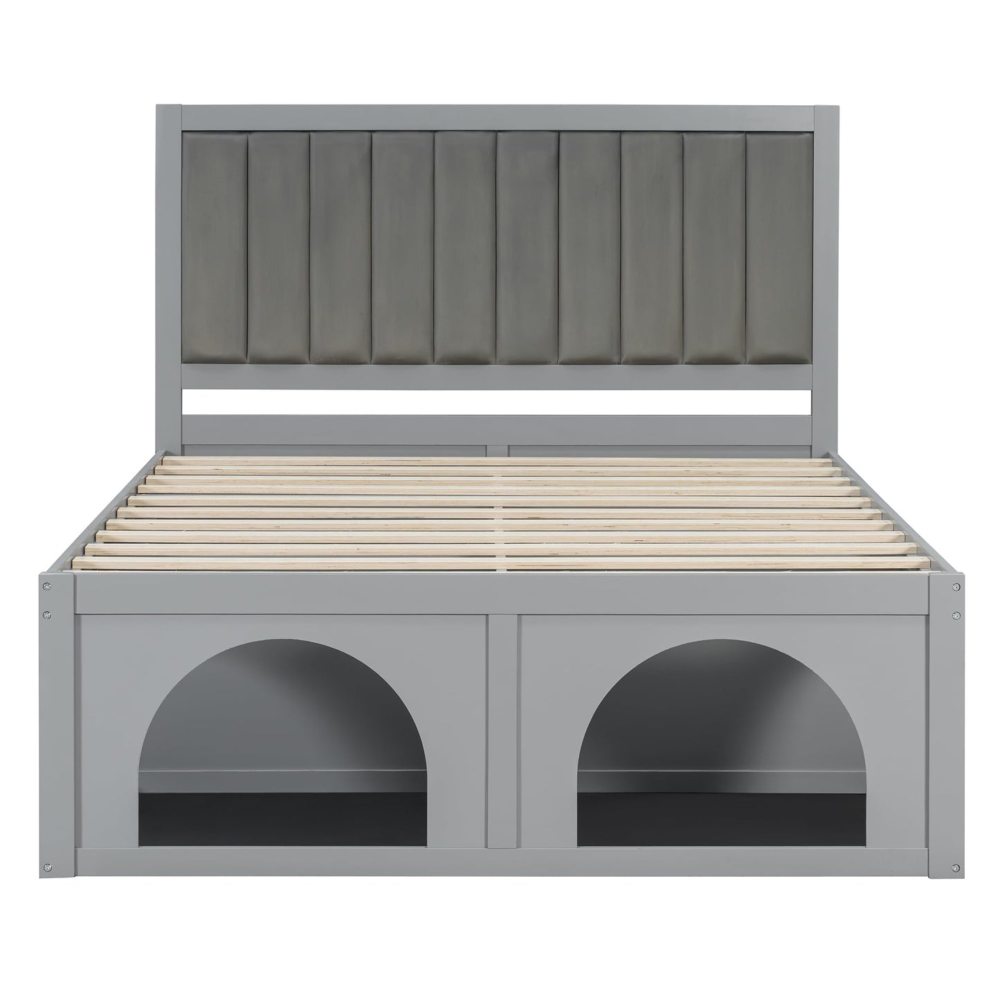Merax Queen Platform Bed – Heavy Duty Metal Bed Frame with Pet-Friendly Under-Bed Nook, Space-Saving Storage, Upholstered Headboard, Wood Slats Support & Elevated Modern Design, Light Grey